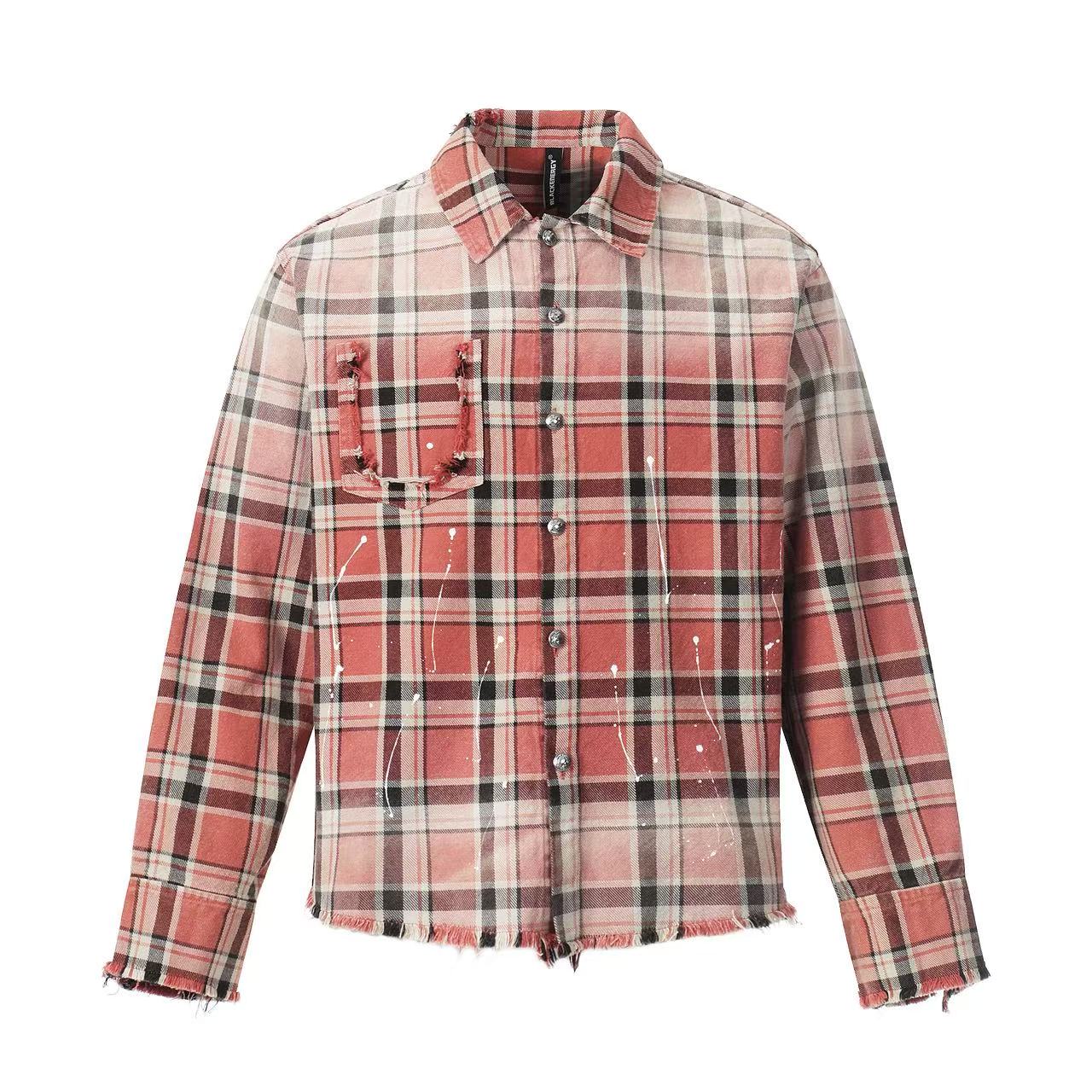 Streetwear Distressed Ripped Plaid Long Sleeve Shirt