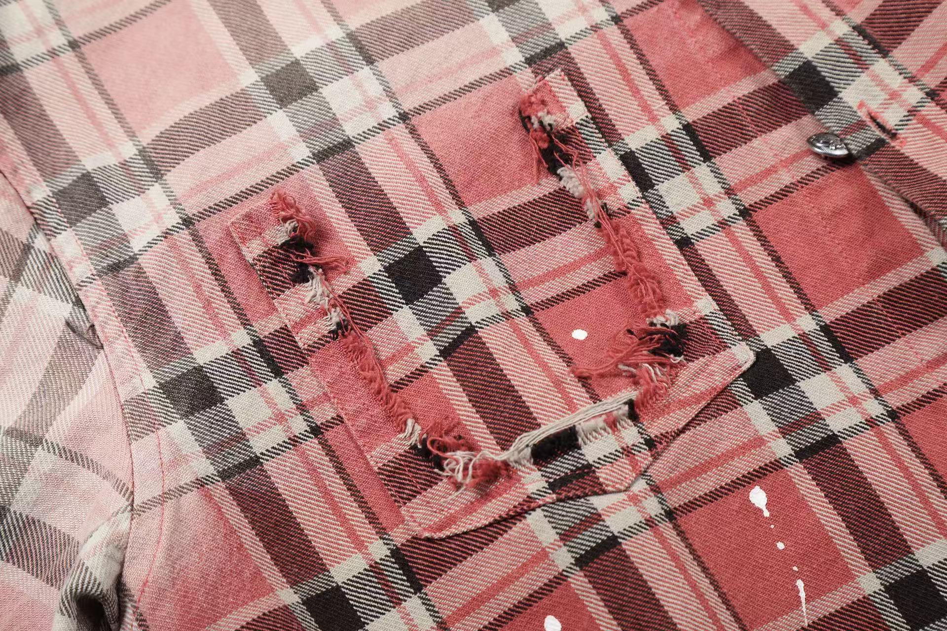 Streetwear Distressed Ripped Plaid Long Sleeve Shirt