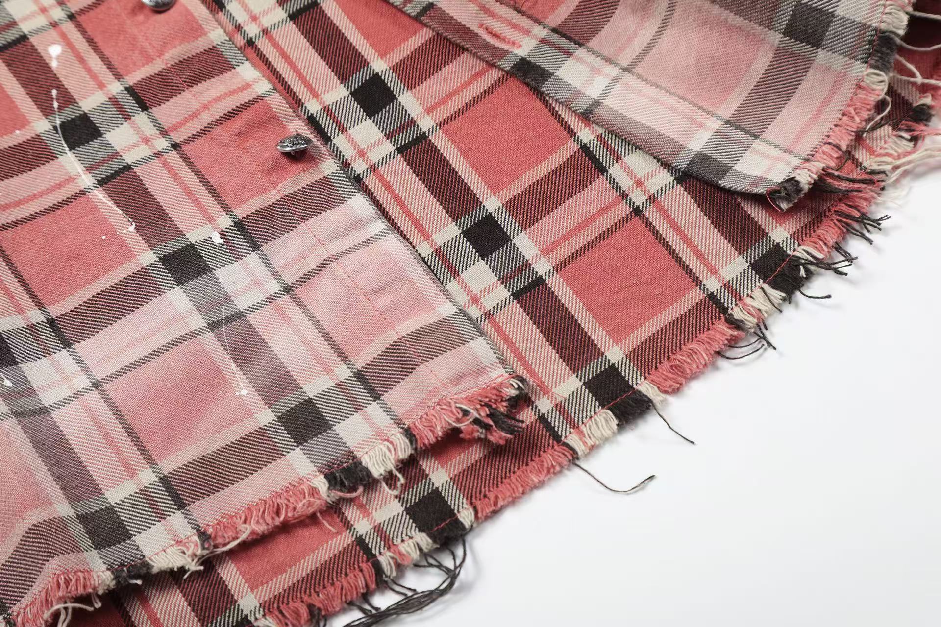 Streetwear Distressed Ripped Plaid Long Sleeve Shirt