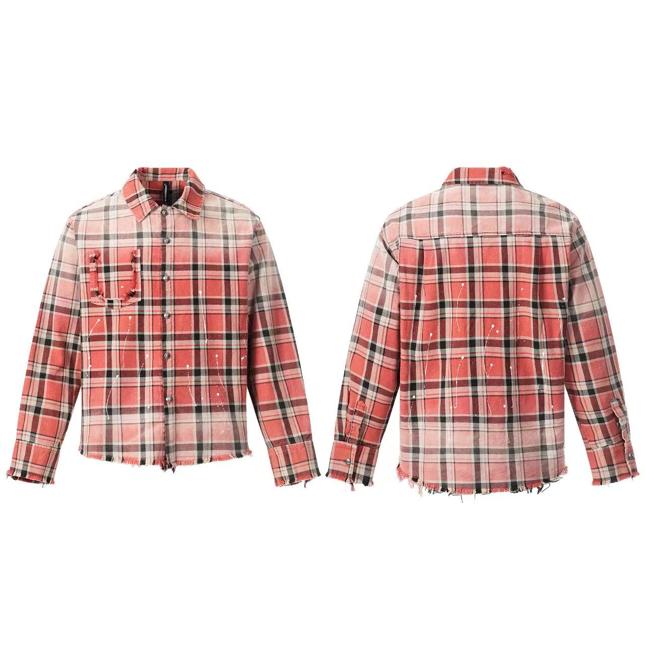 Streetwear Distressed Ripped Plaid Long Sleeve Shirt