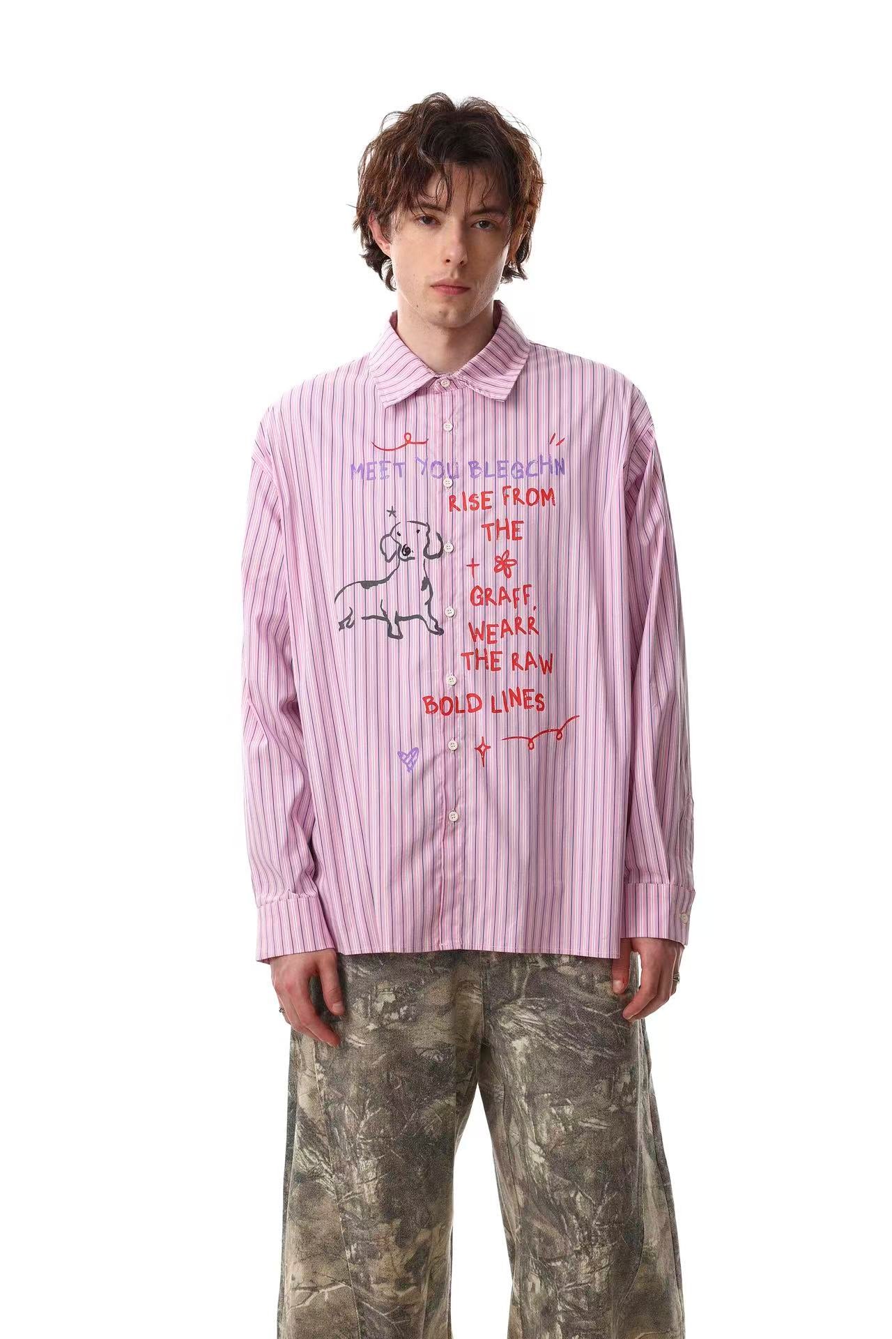 Cartoon Dog Print Striped  Long Sleeve Shirt