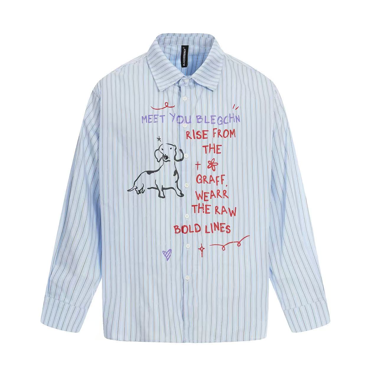 Cartoon Dog Print Striped  Long Sleeve Shirt