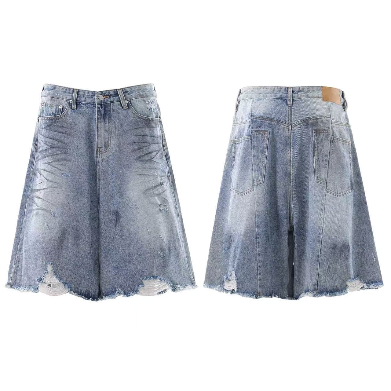 Distressed Washed  Wide-Leg Denim Jorts