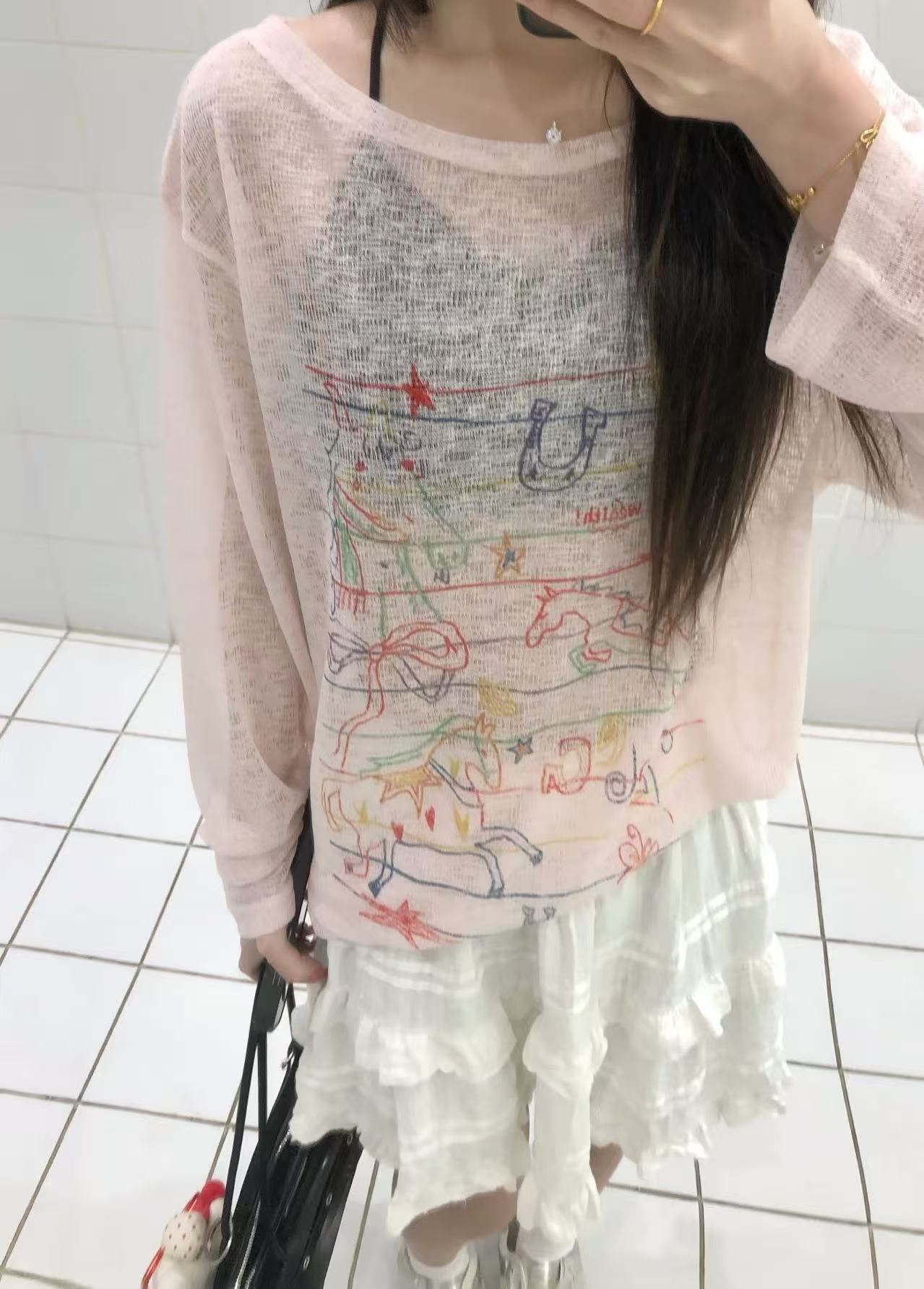 Hand-Drawn Horse Doodle Sheer Long Sleeve