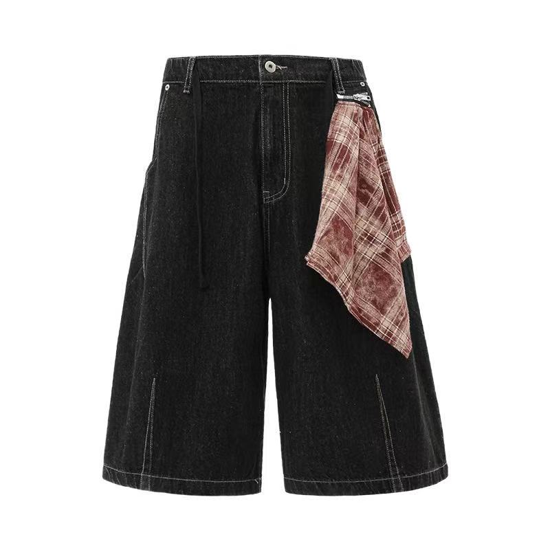 Vintage Washed Detachable Plaid Bandana Wide-Leg Jorts