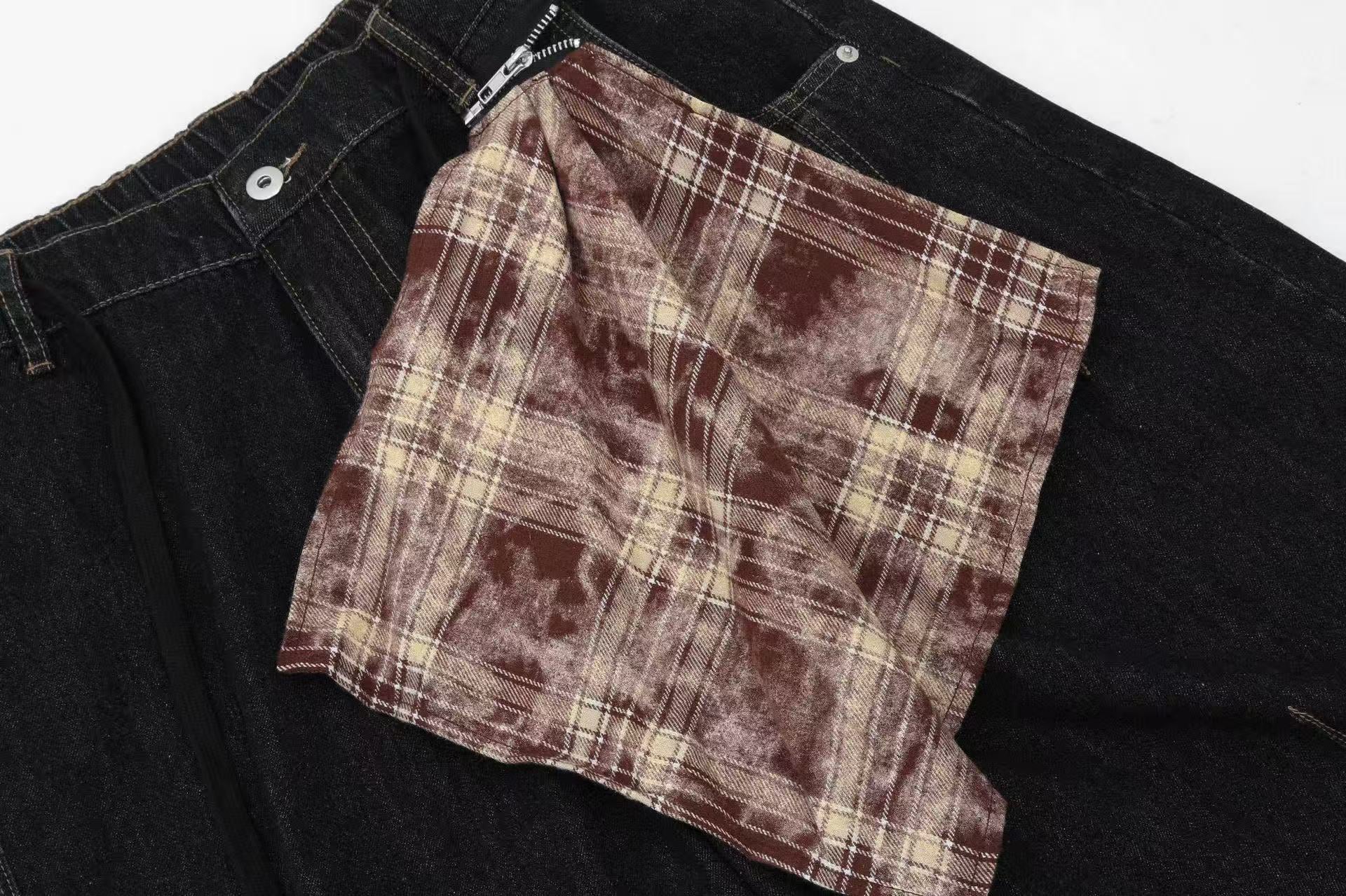 Vintage Washed Detachable Plaid Bandana Wide-Leg Jorts