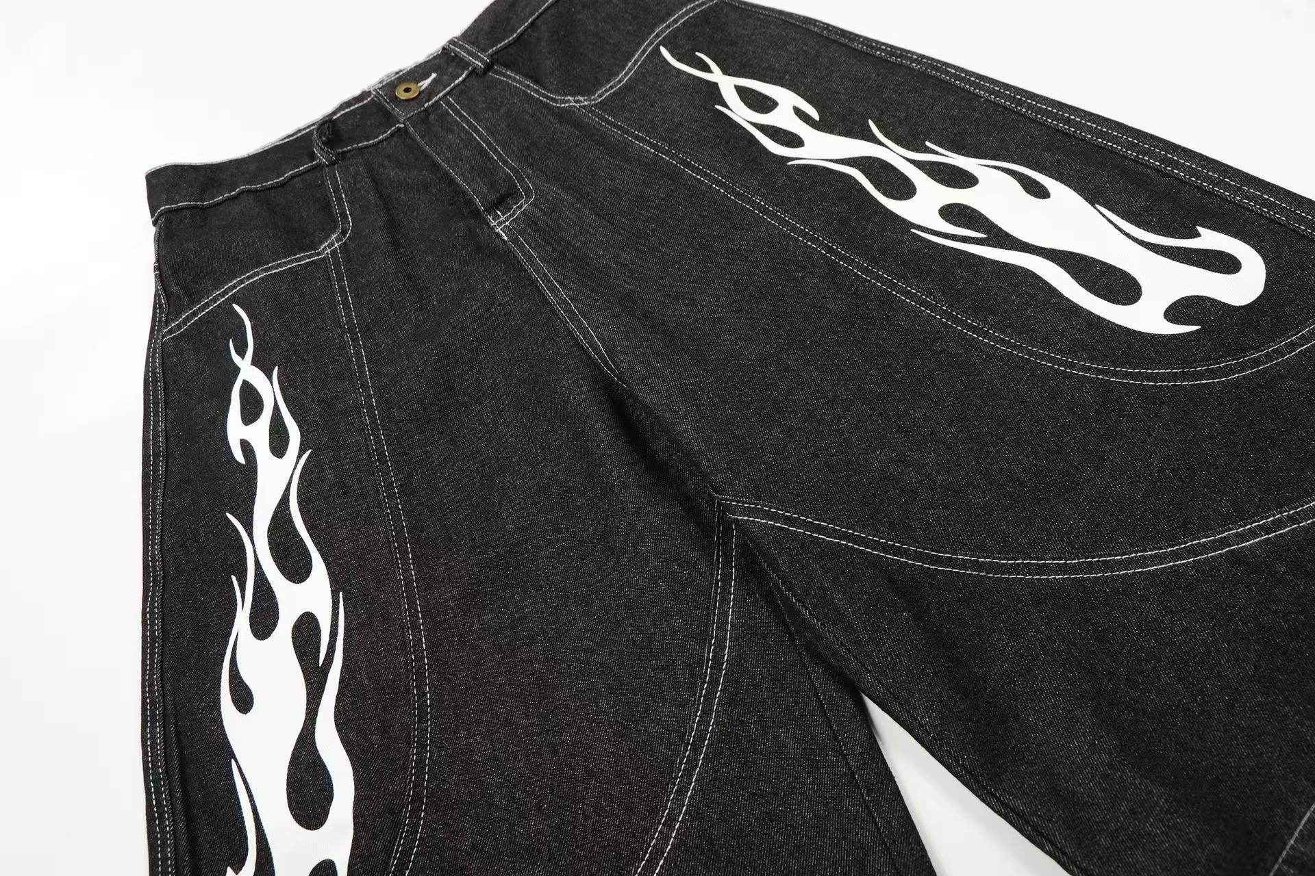 Vintage Washed Flame Print Wide-Leg Jorts