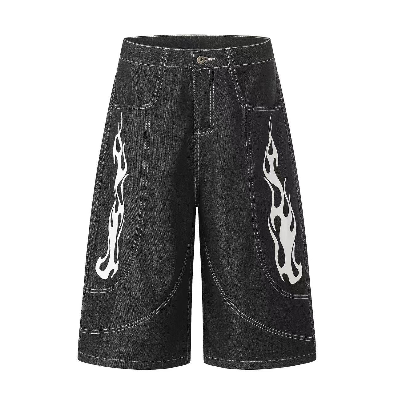 Vintage Washed Flame Print Wide-Leg Jorts