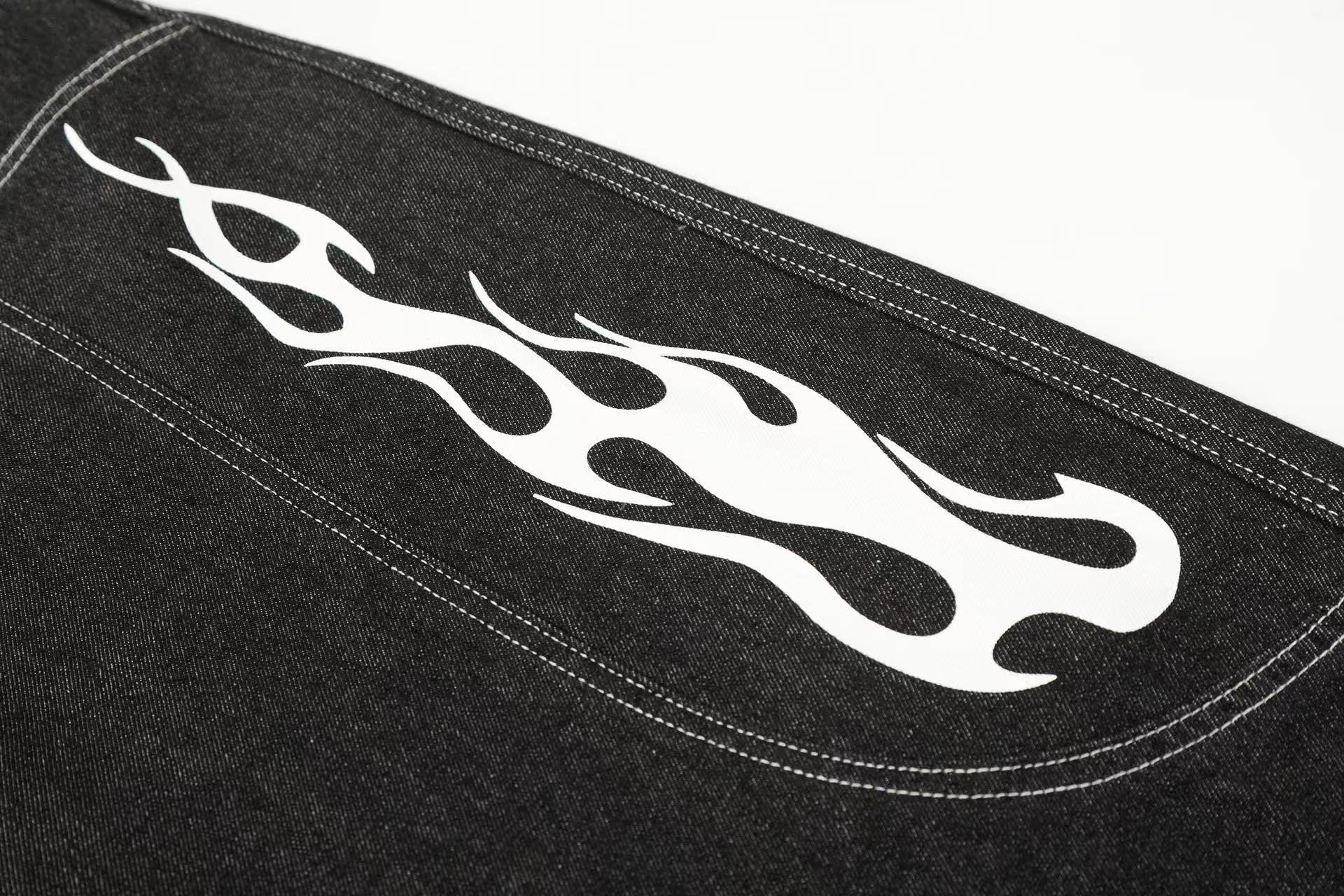 Vintage Washed Flame Print Wide-Leg Jorts