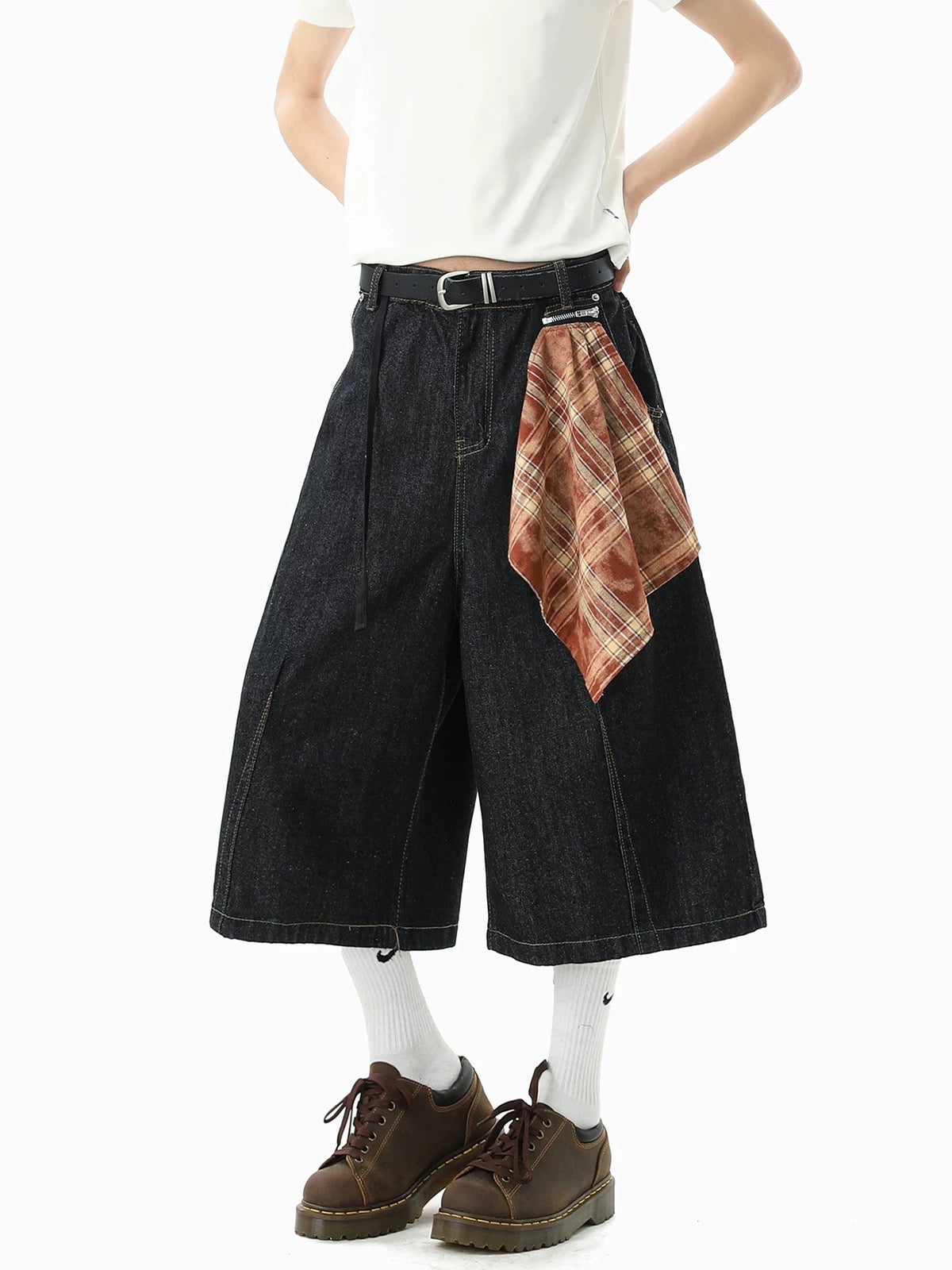 Vintage Washed Detachable Plaid Bandana Wide-Leg Jorts