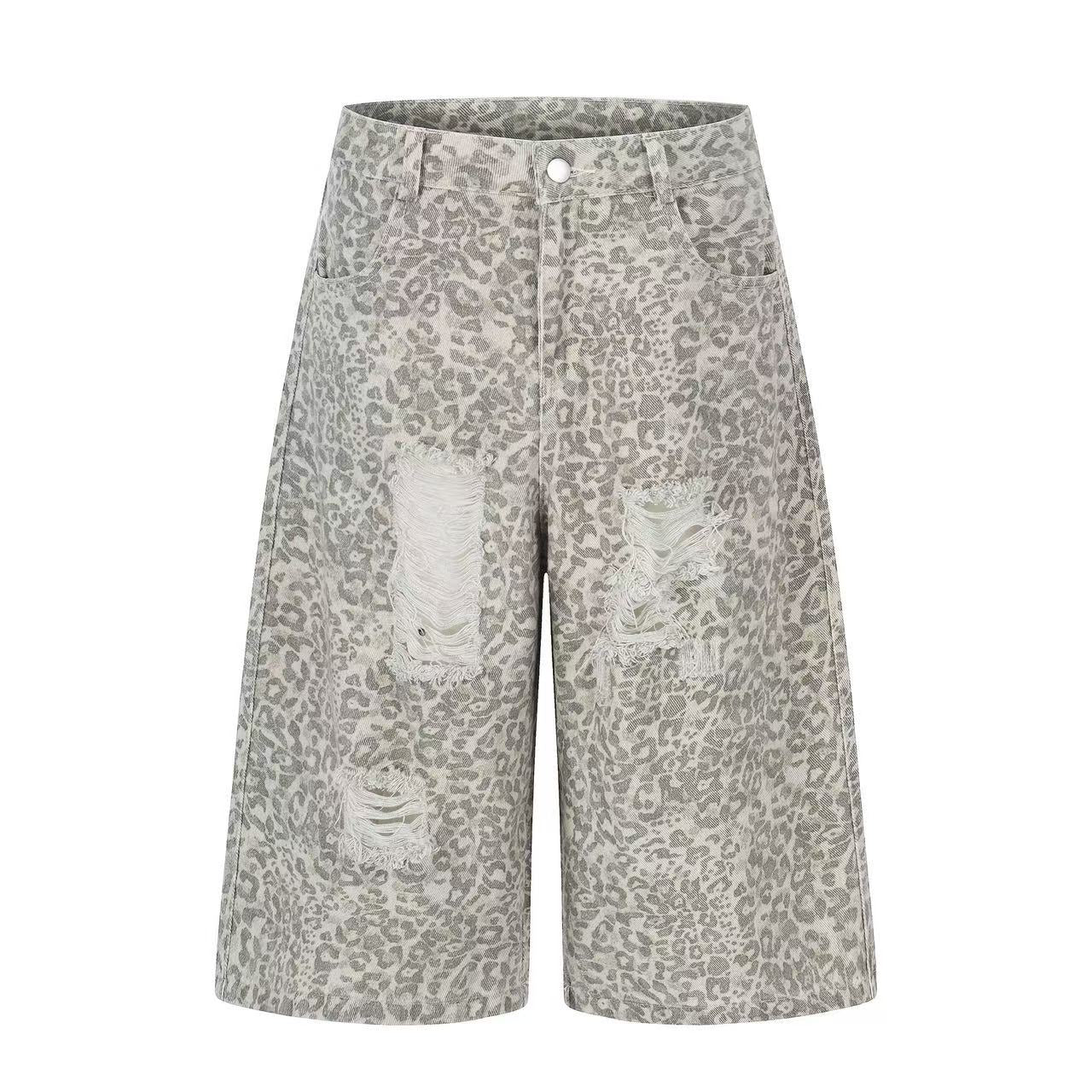Distressed Leopard  Print Baggy Wide-Leg Jorts