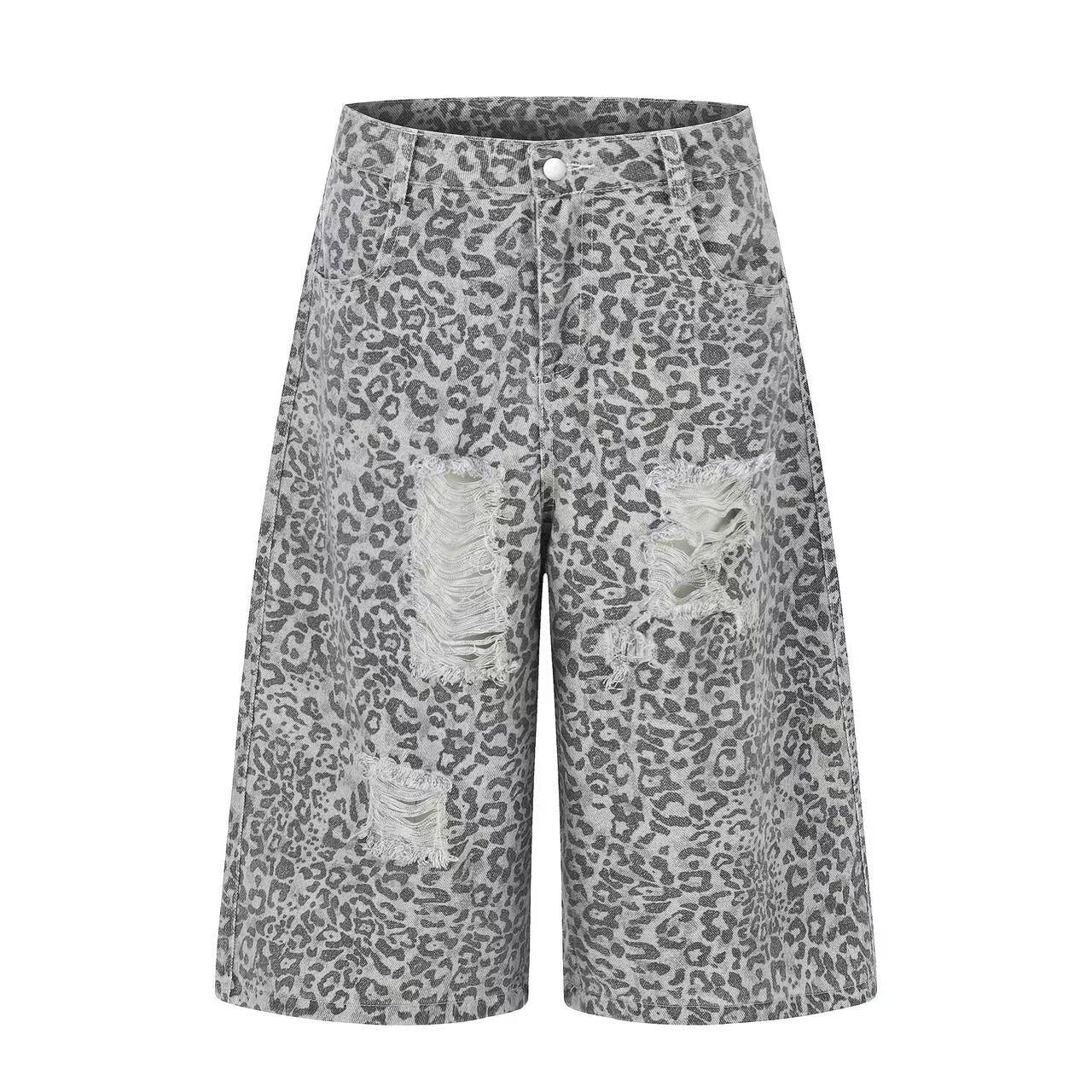 Distressed Leopard  Print Baggy Wide-Leg Jorts