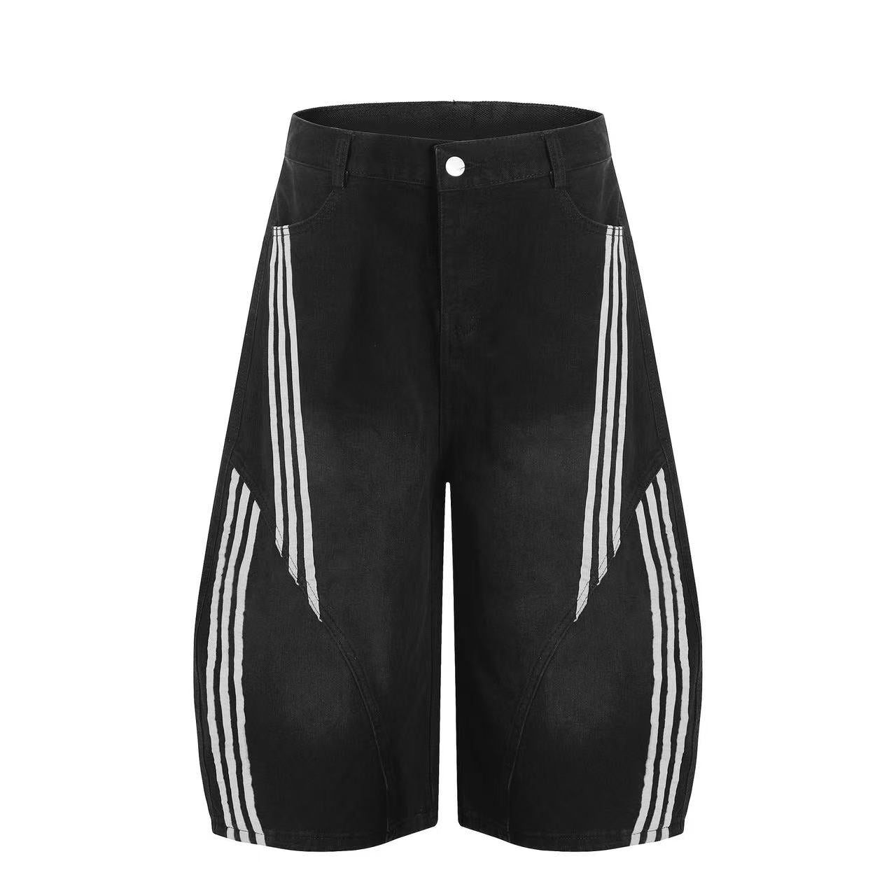 Contrast Striped Stitching Baggy Wide-Leg Jorts