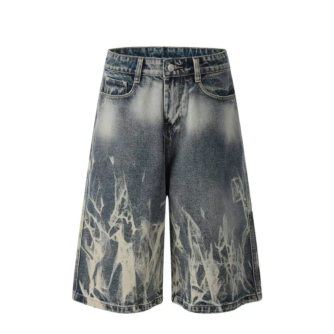 Abstract Bleach Washed Wide-Leg Jorts