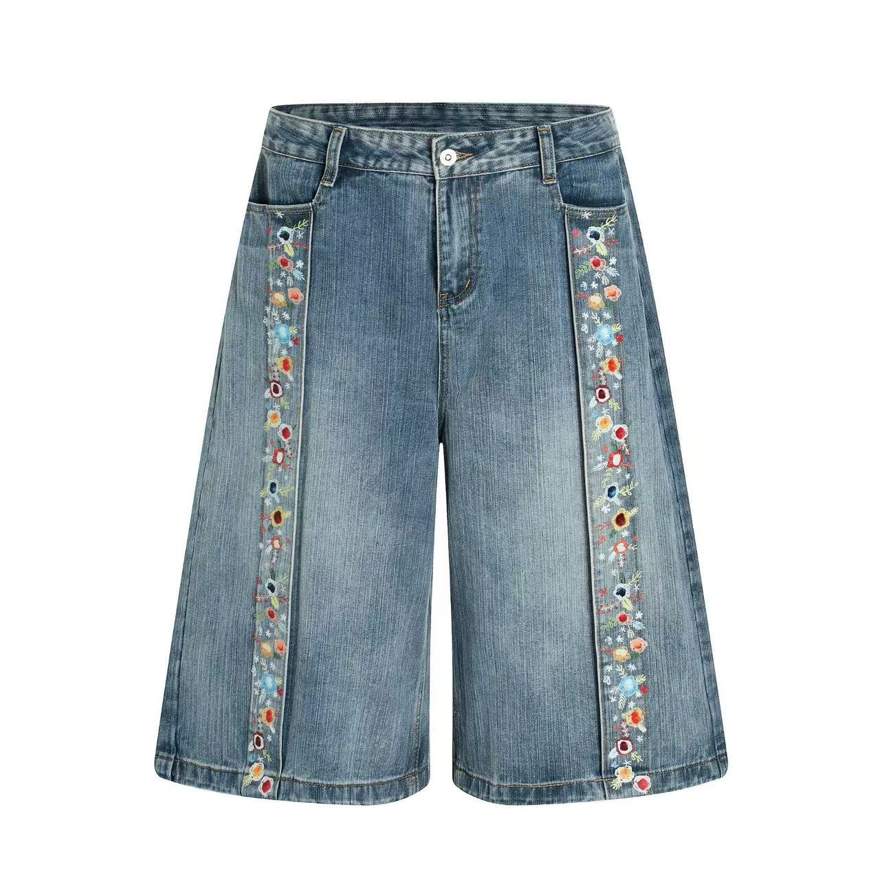 Floral Embroidered Washed Wide-Leg Jorts
