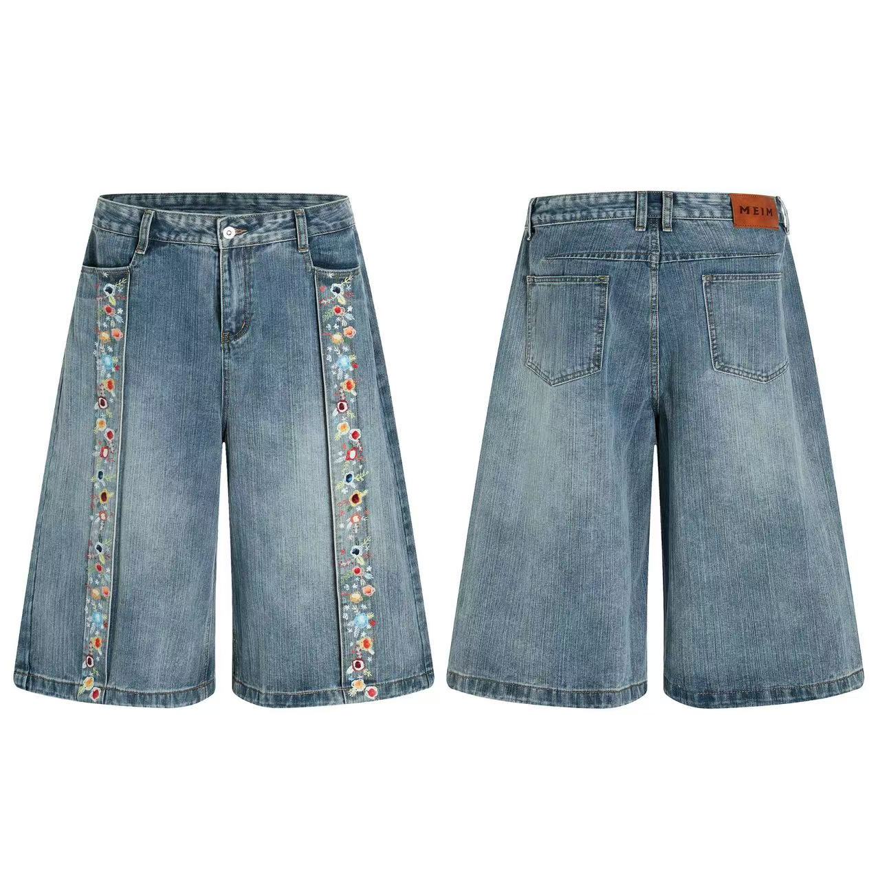 Floral Embroidered Washed Wide-Leg Jorts