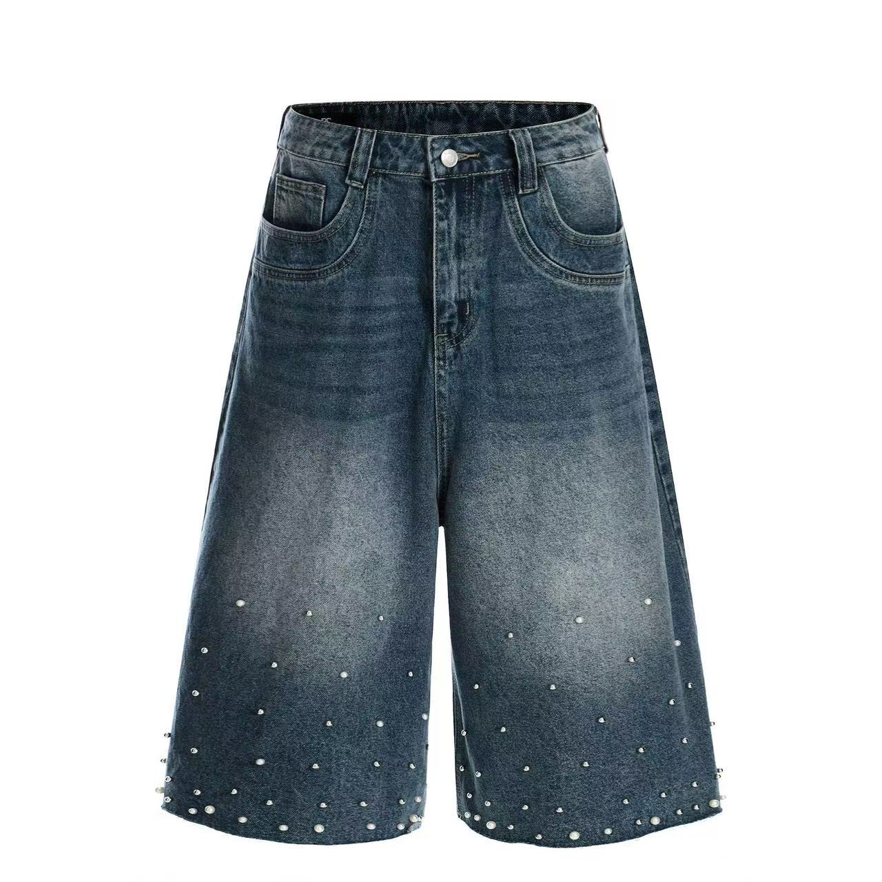 Pearl Studded Washed Wide-Leg Jorts