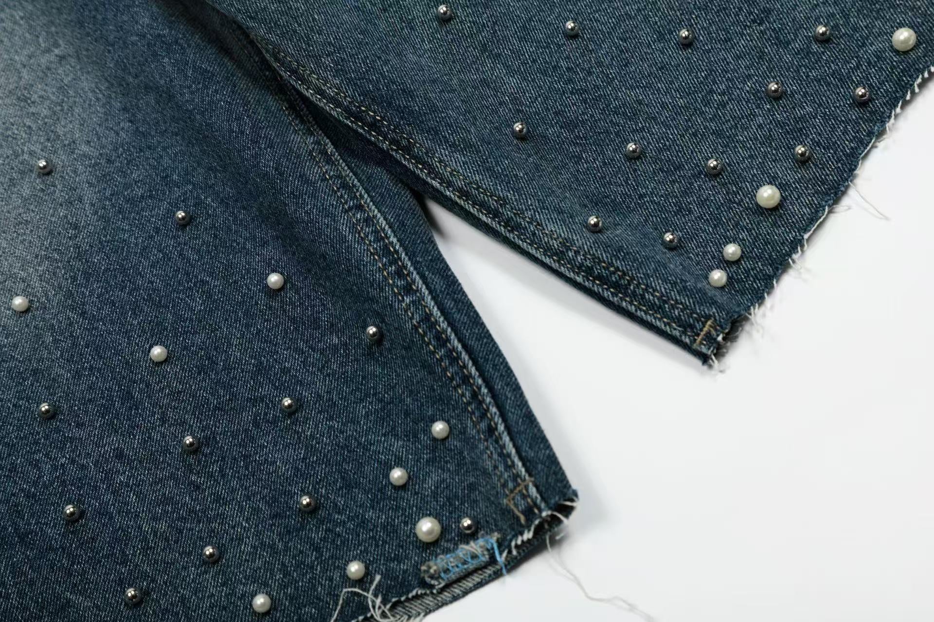 Pearl Studded Washed Wide-Leg Jorts