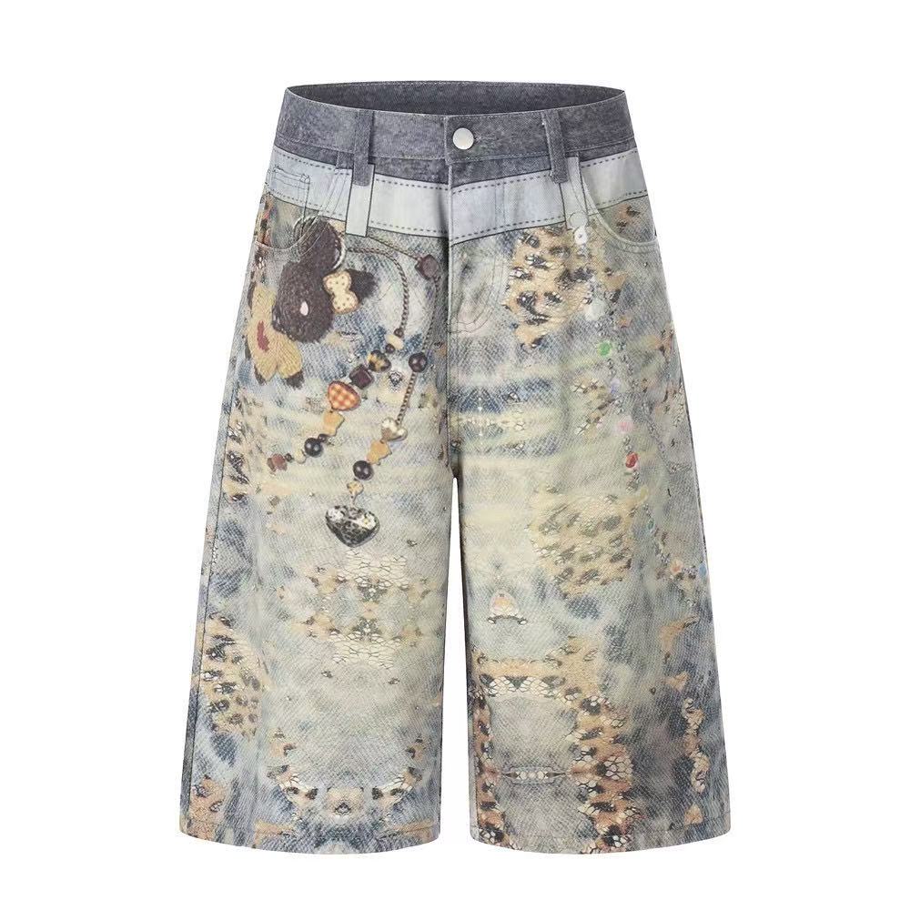 Acid Washed Leopard Graphic Wide-Leg Jorts