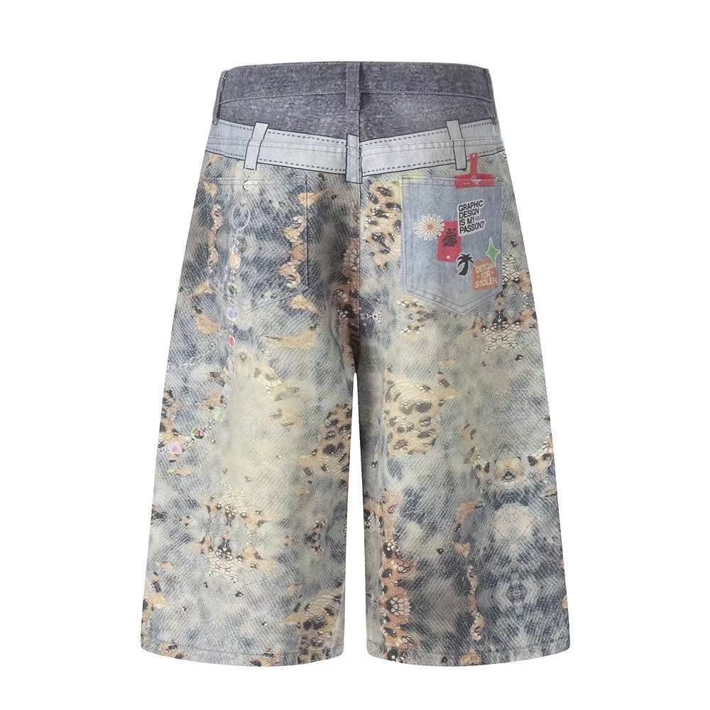 Acid Washed Leopard Graphic Wide-Leg Jorts