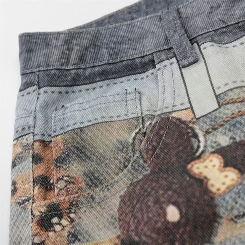 Acid Washed Leopard Graphic Wide-Leg Jorts