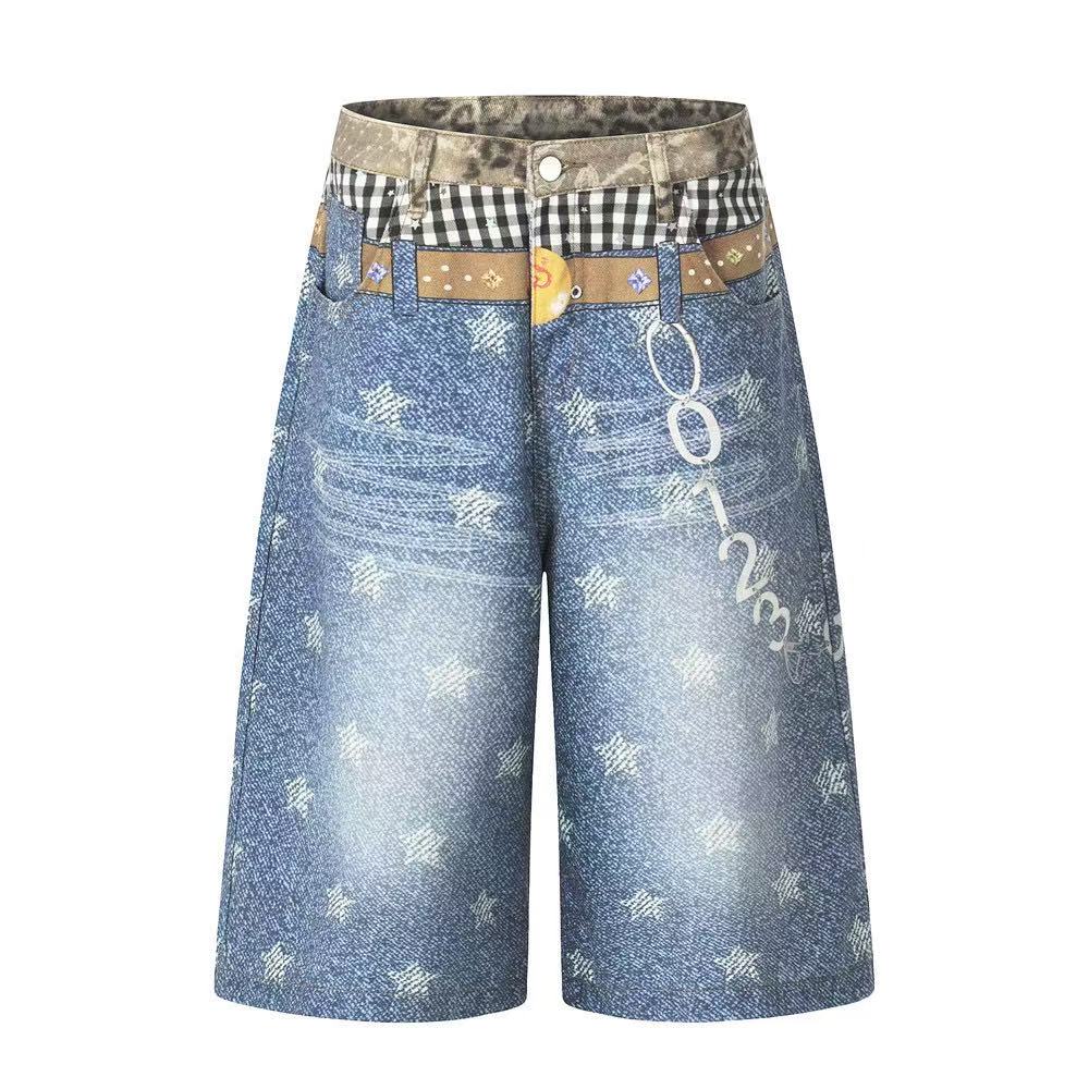 Star Print Mixed Media Wide-Leg Jorts