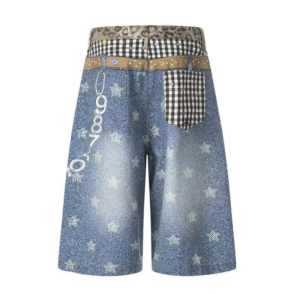 Star Print Mixed Media Wide-Leg Jorts