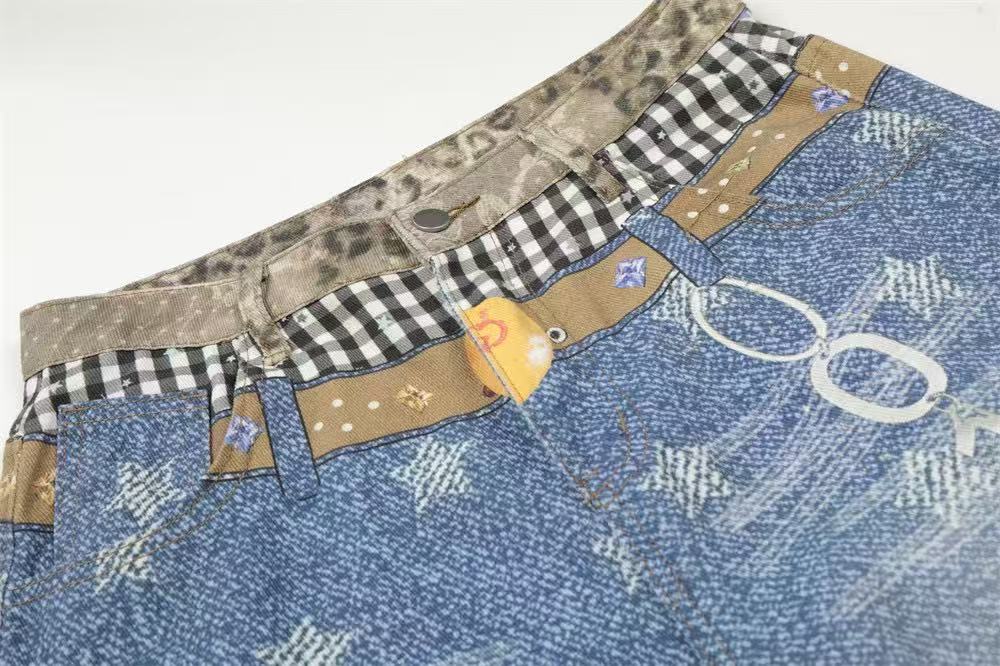 Star Print Mixed Media Wide-Leg Jorts