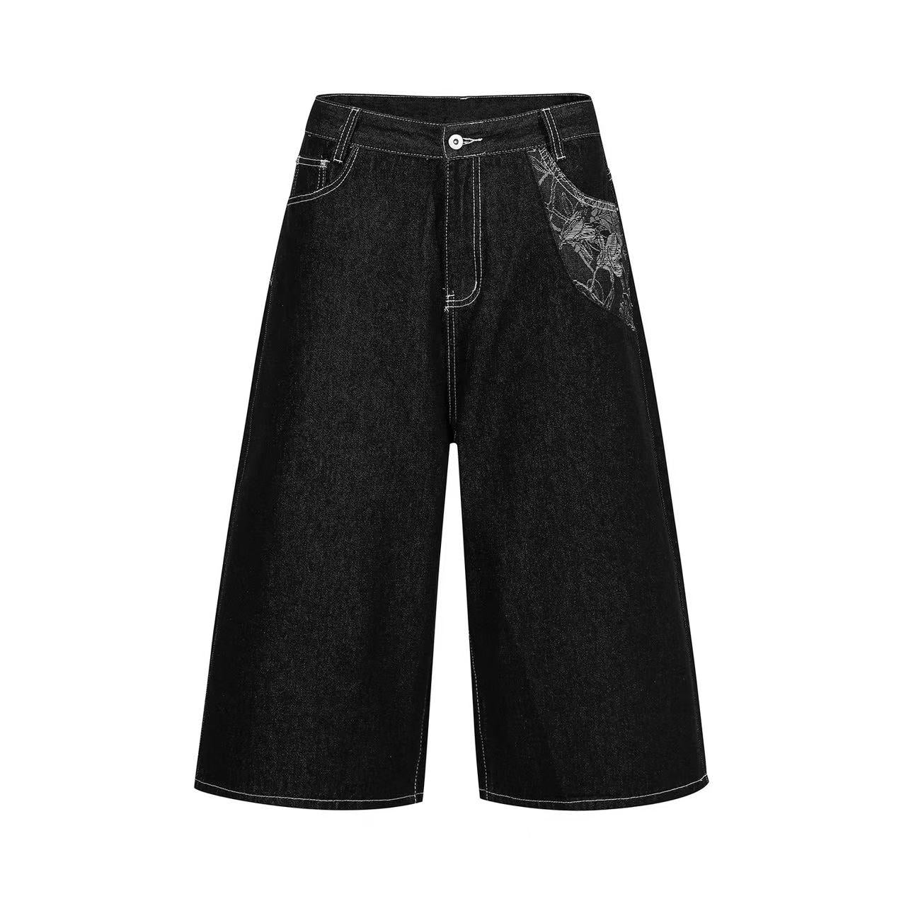 Floral Embroidered  Wide-Leg Denim Jorts