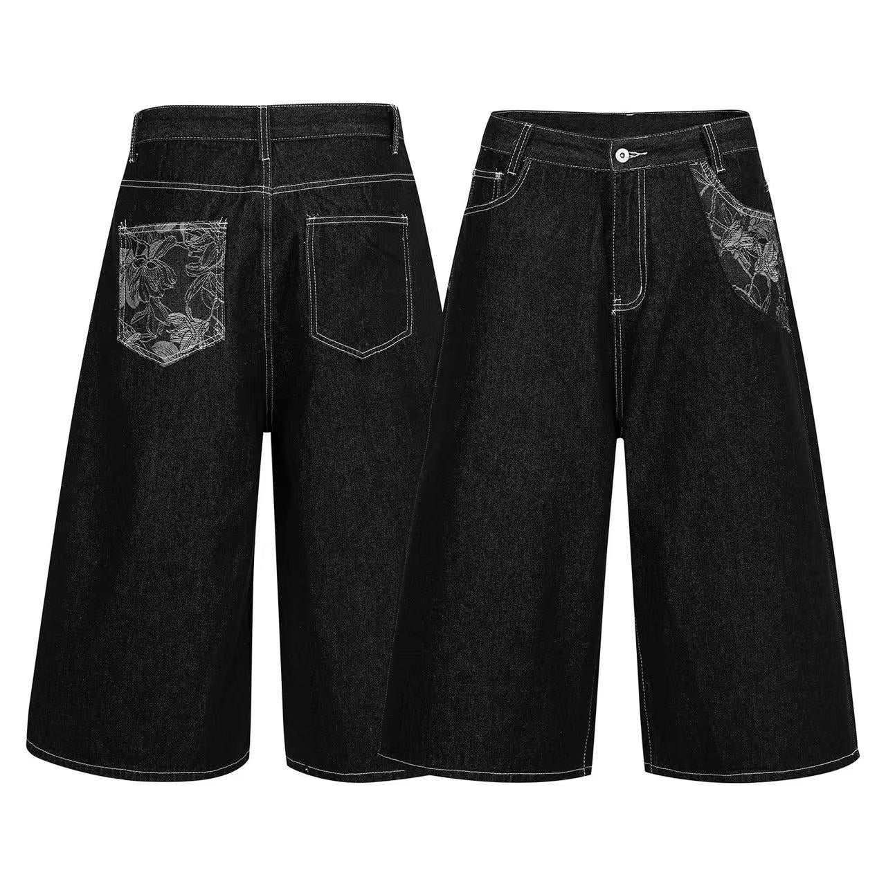 Floral Embroidered  Wide-Leg Denim Jorts
