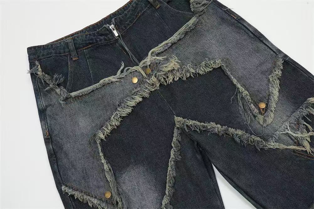 Star Patch Distressed Wide-Leg Denim Jorts