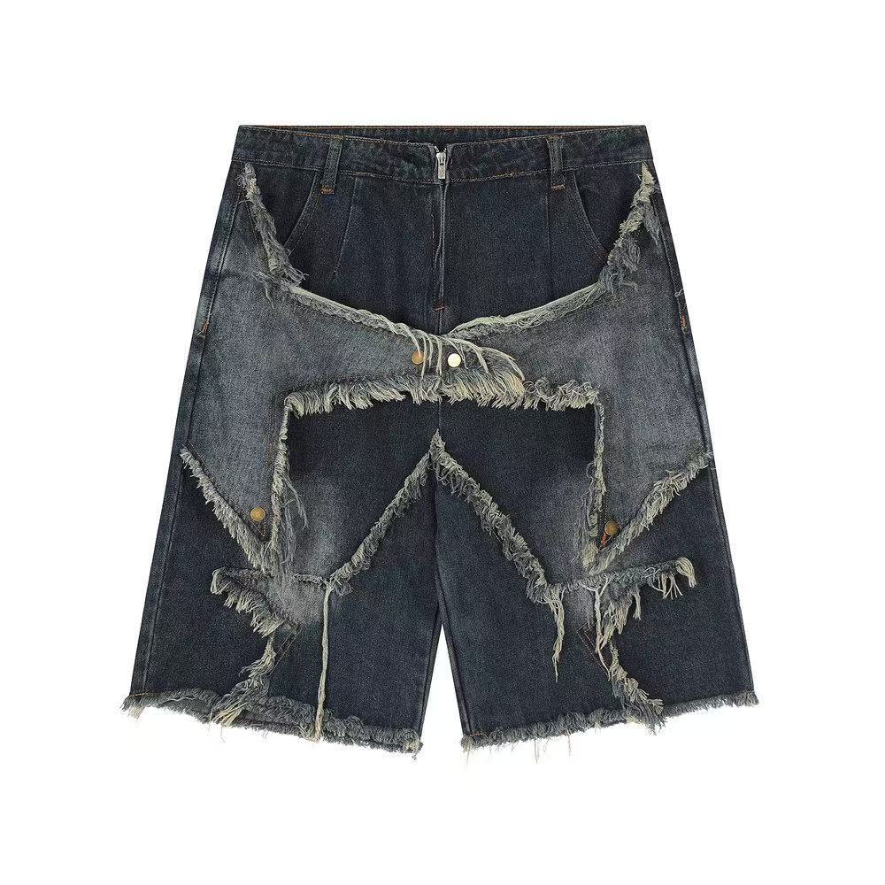 Star Patch Distressed Wide-Leg Denim Jorts