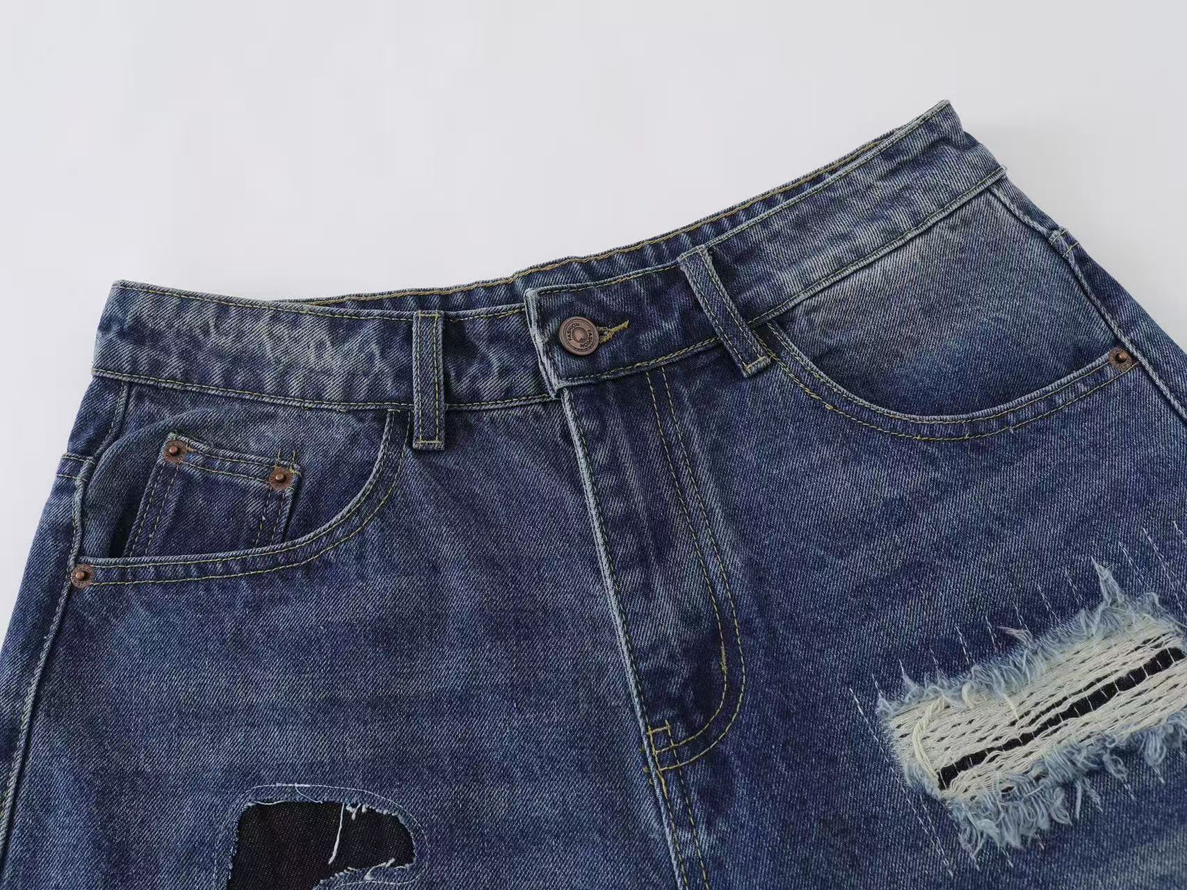 Distressed Vintage Patchwork Wide-Leg Jorts