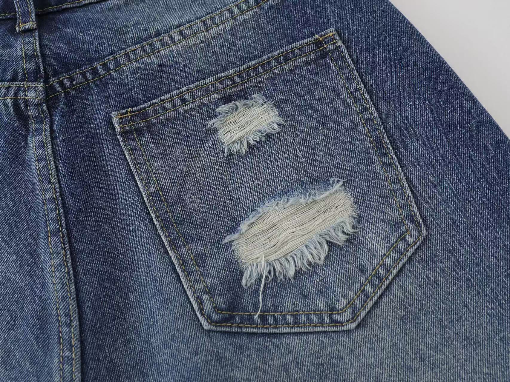 Distressed Vintage Patchwork Wide-Leg Jorts