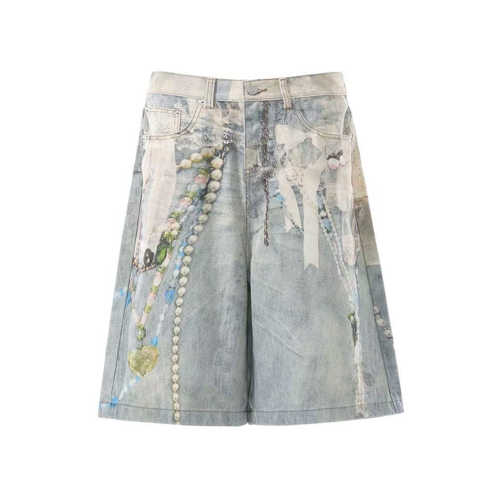 Street-Style 3D-Print Graffiti Wide-Leg Jorts