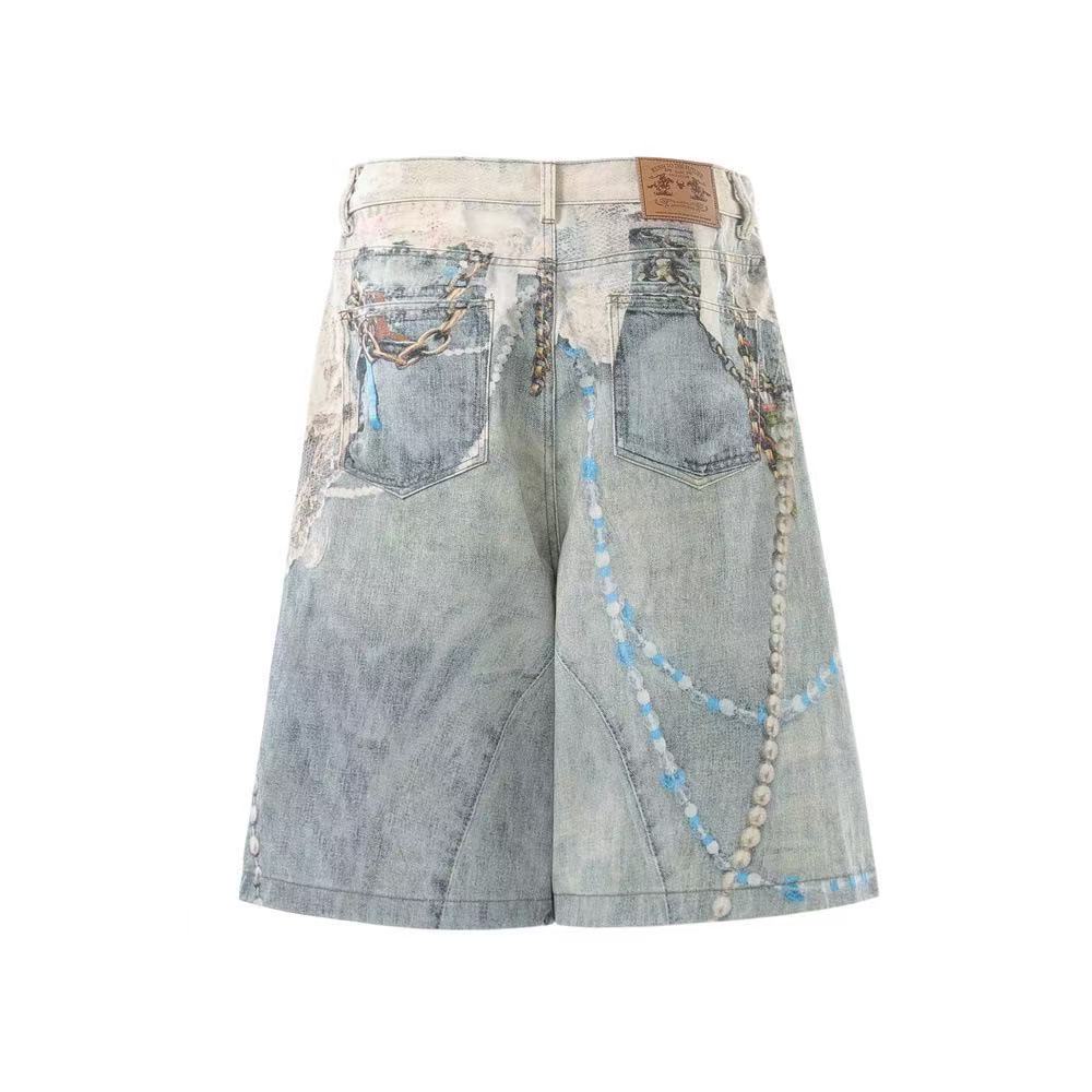 Street-Style 3D-Print Graffiti Wide-Leg Jorts