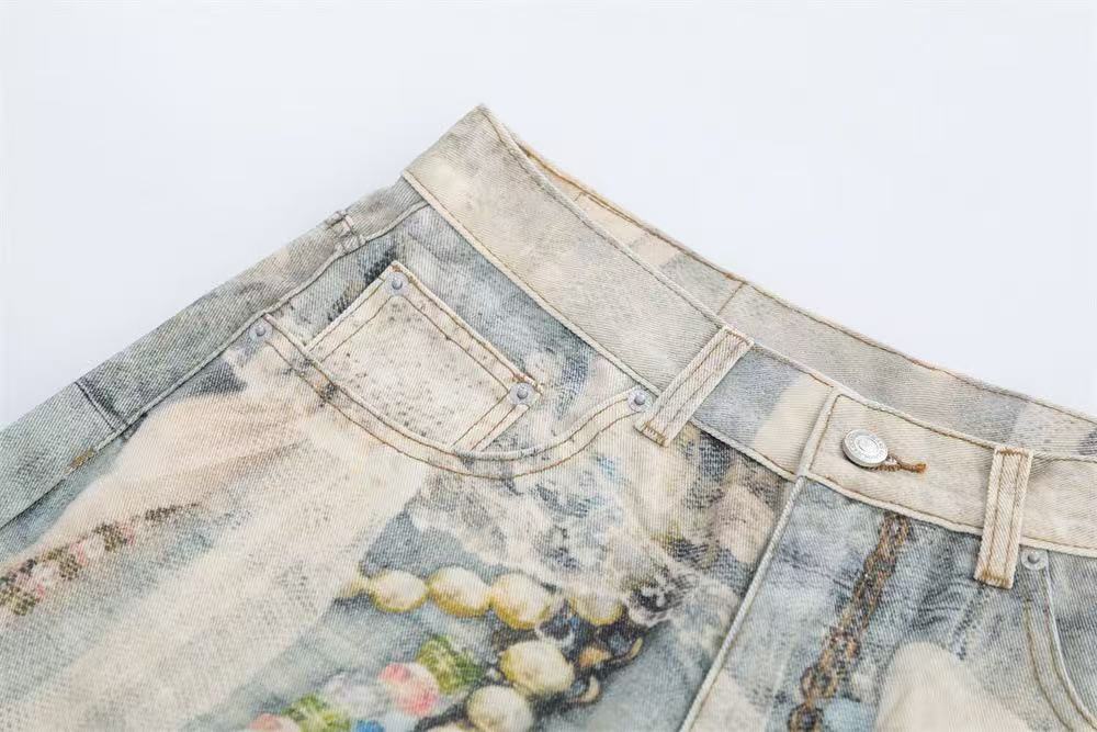 Street-Style 3D-Print Graffiti Wide-Leg Jorts