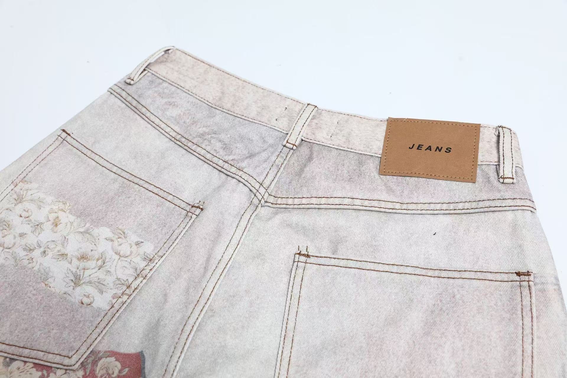 Vintage Patchwork Print Baggy Jeans