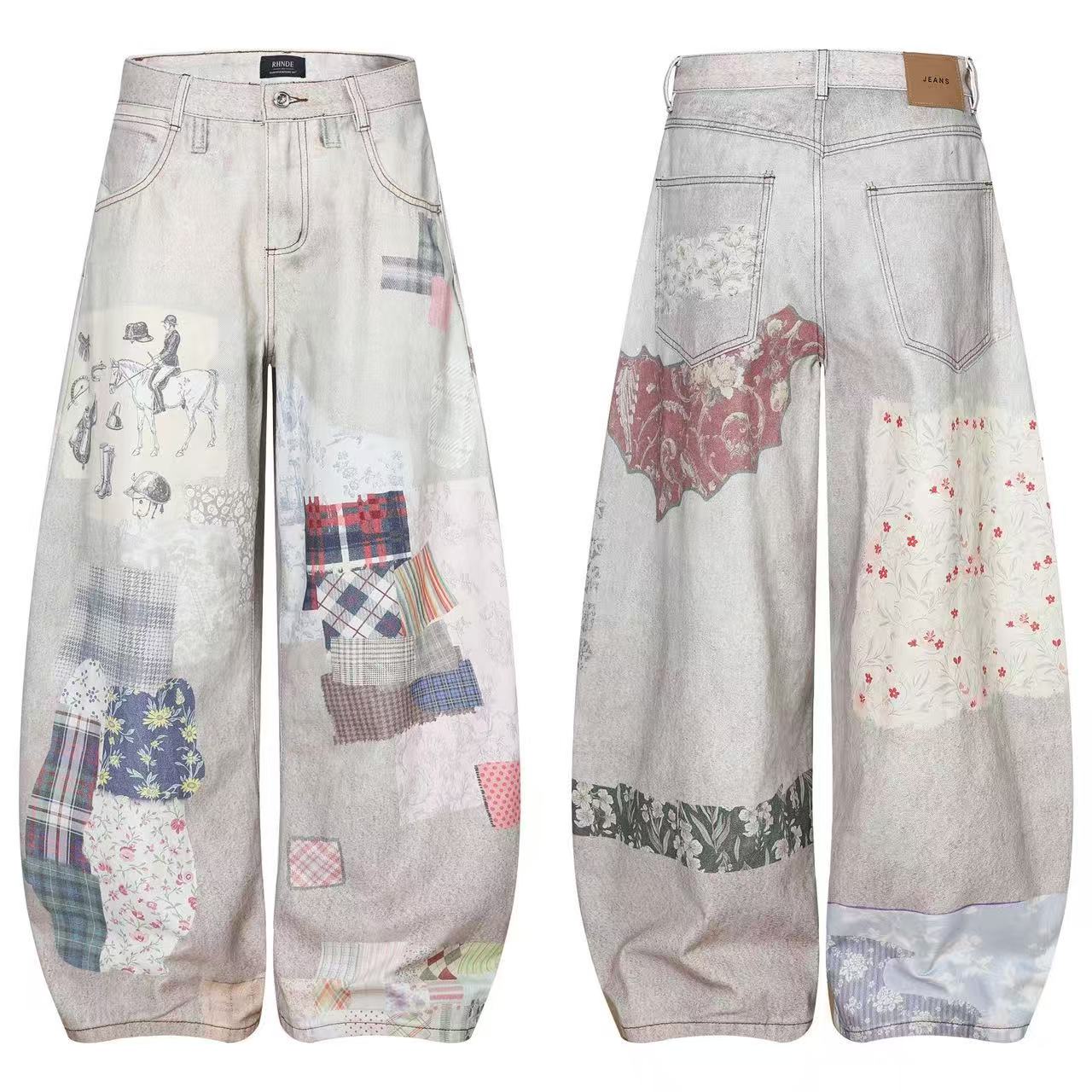 Vintage Patchwork Print Baggy Jeans