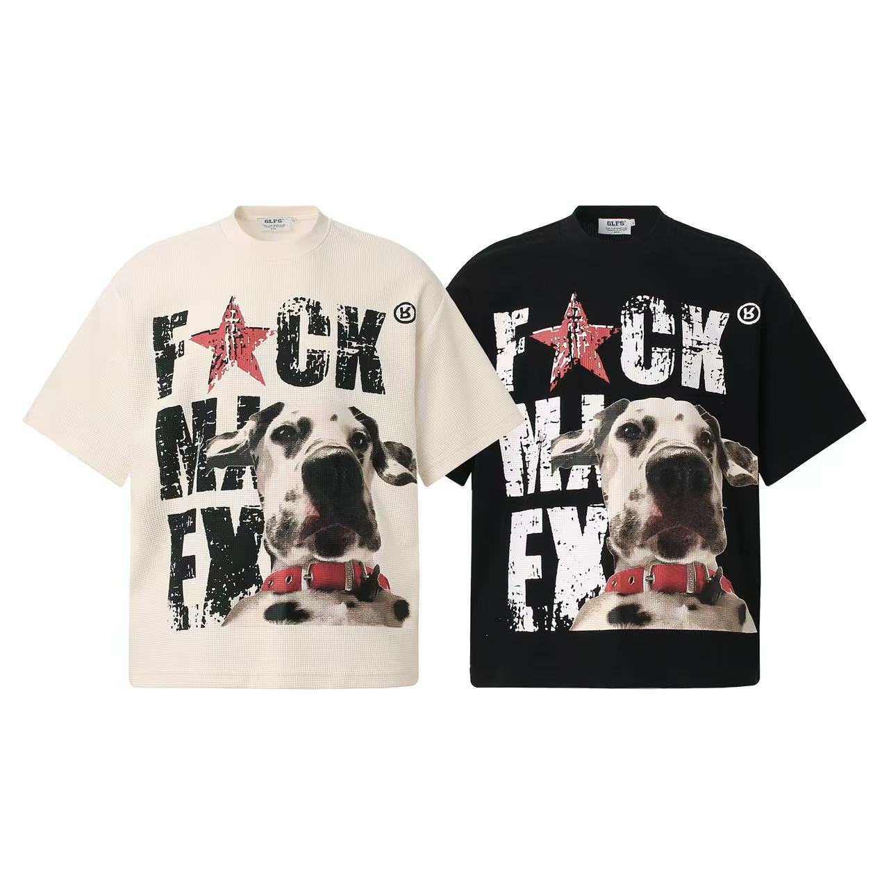 Streetwear Waffle Knit Slogan & Dog Print T-Shirt