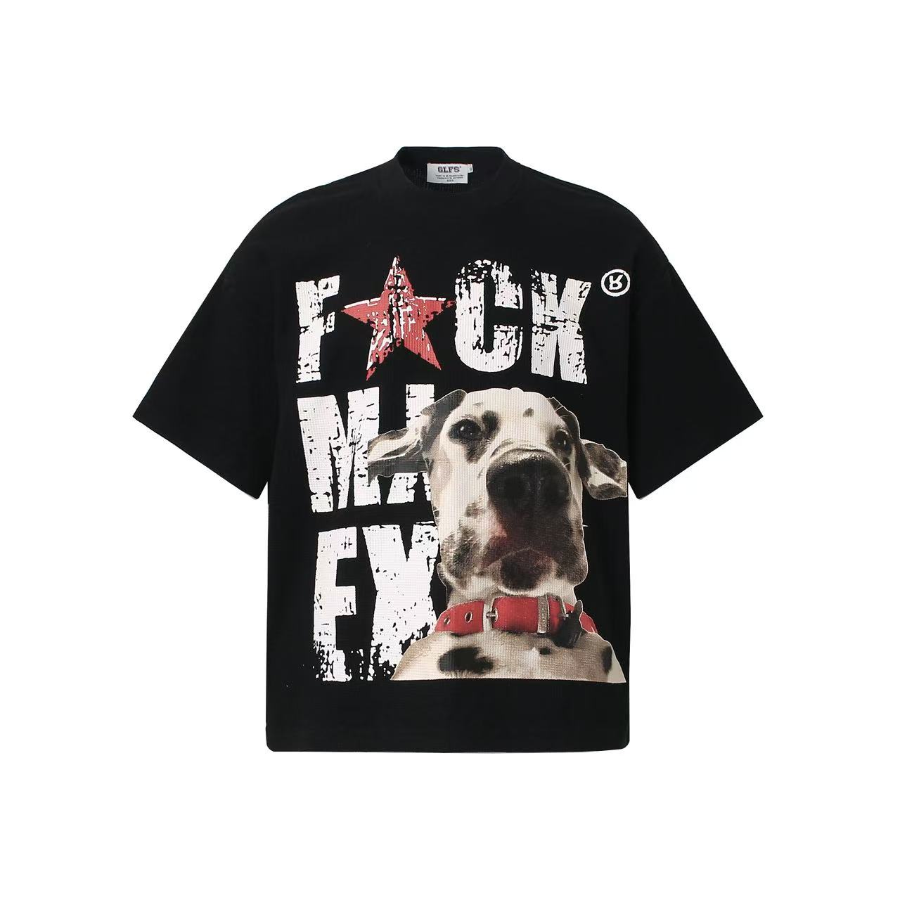 Streetwear Waffle Knit Slogan & Dog Print T-Shirt