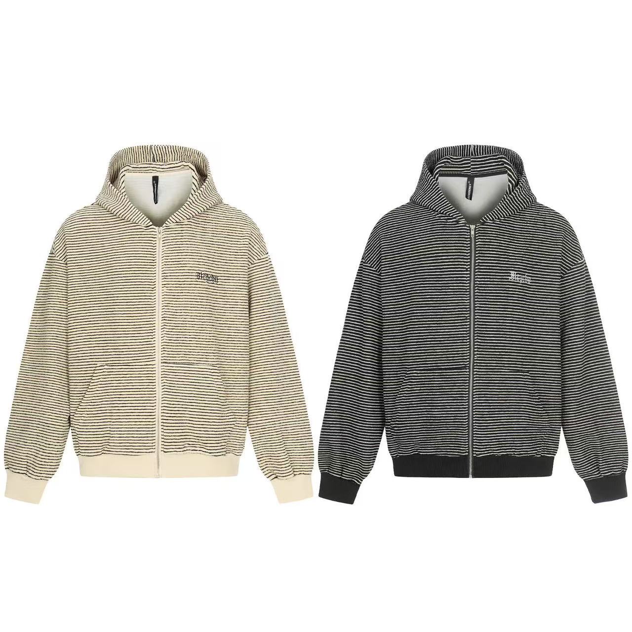 Studded Bear Ear Striped Zip-Up Hoodie