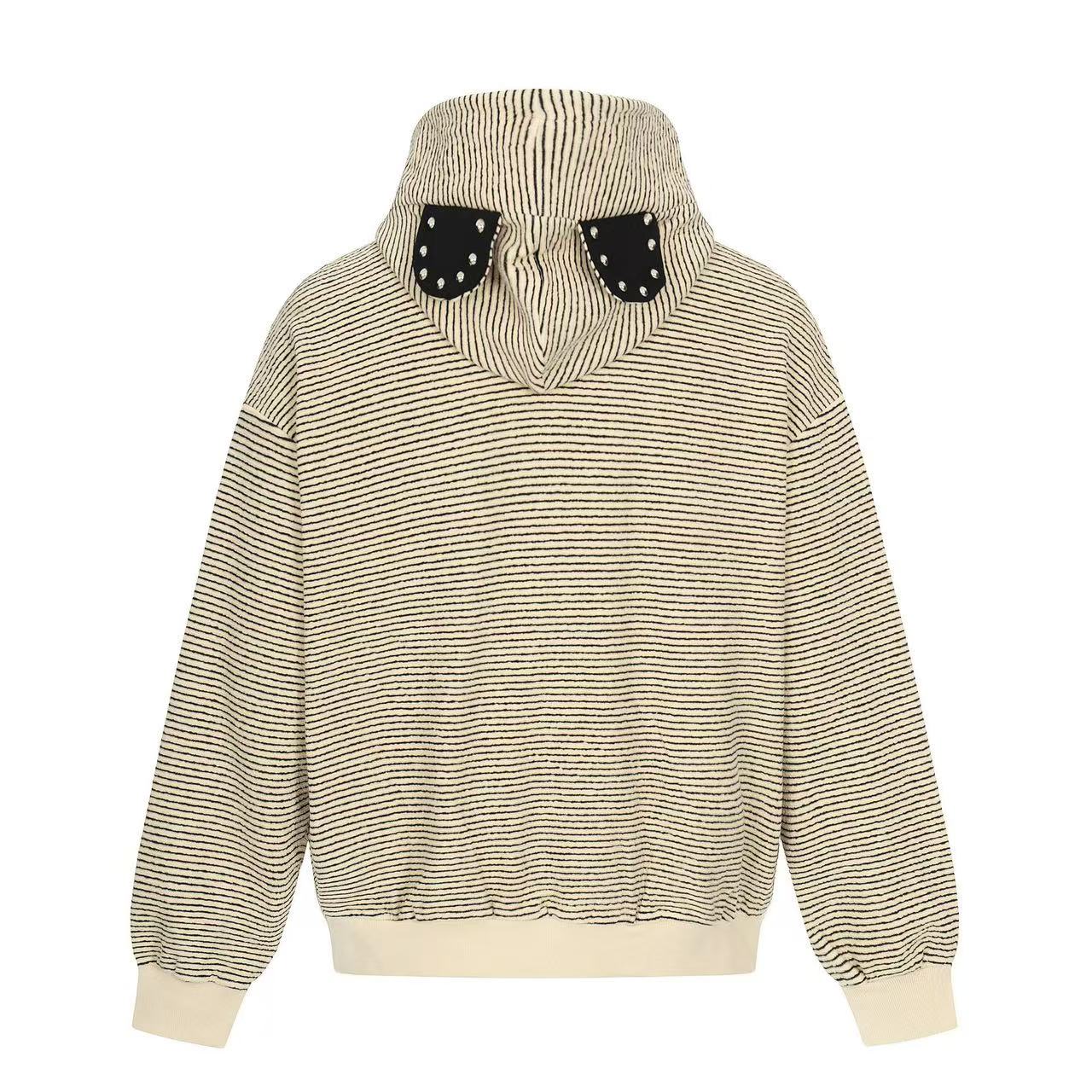 Studded Bear Ear Striped Zip-Up Hoodie