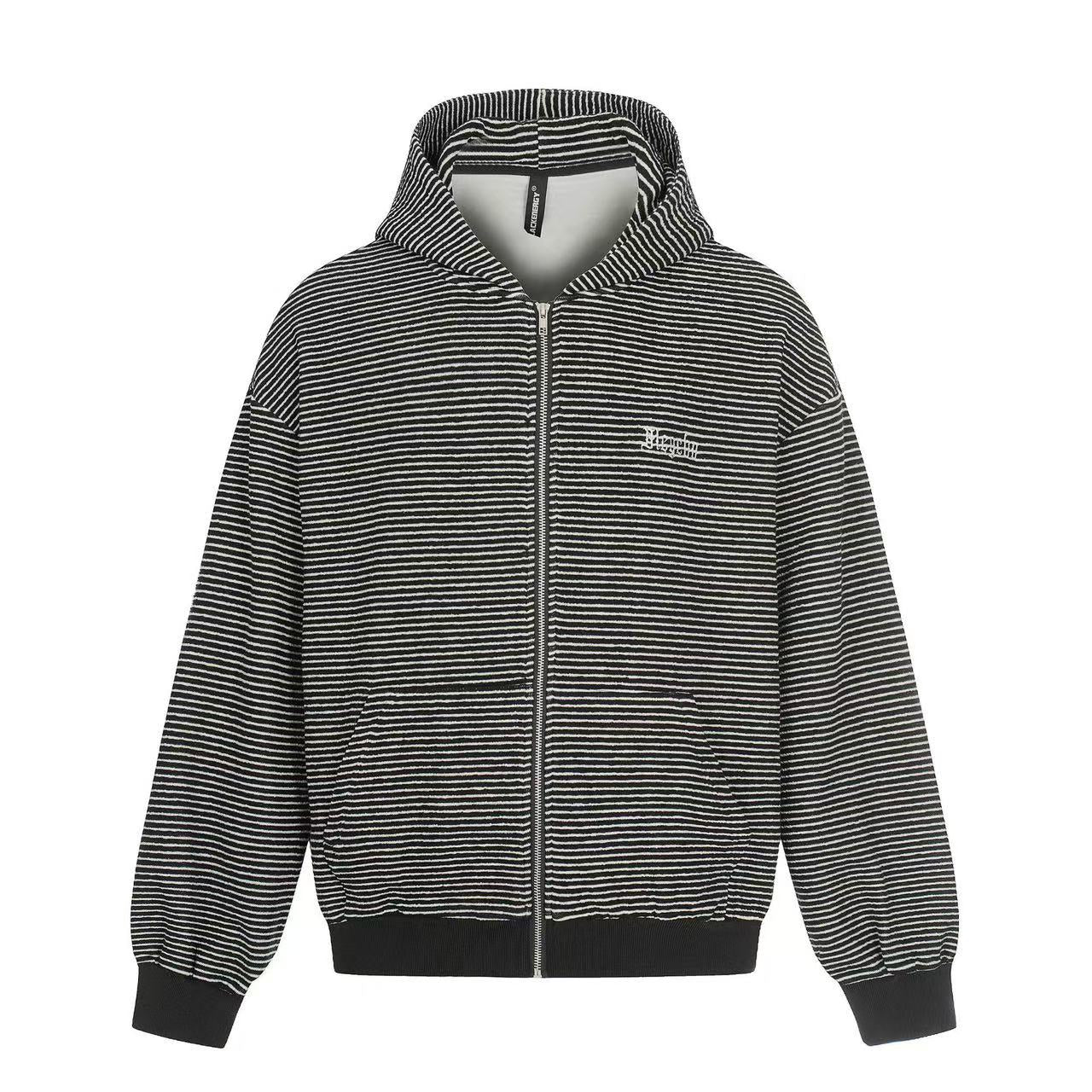 Studded Bear Ear Striped Zip-Up Hoodie