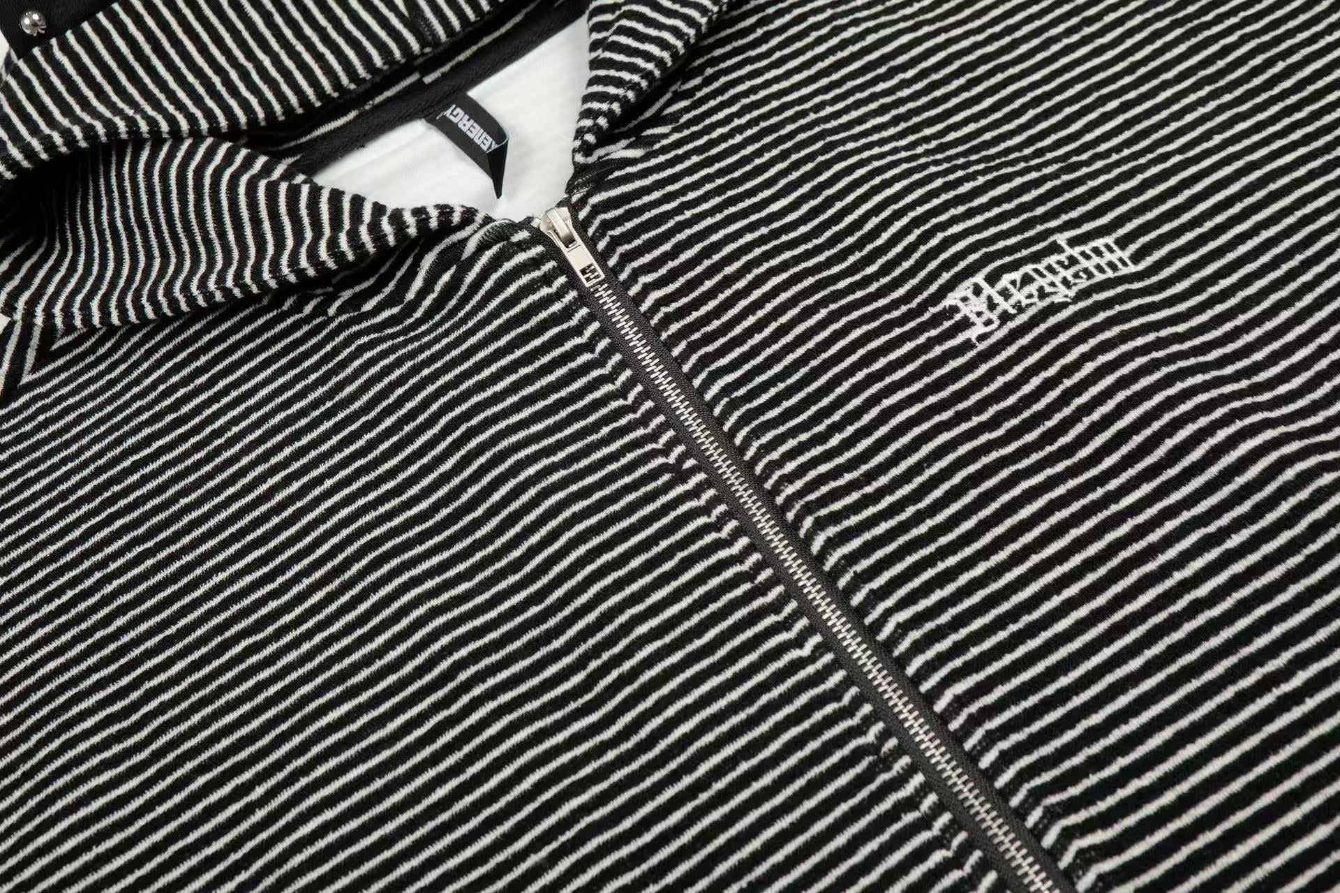 Studded Bear Ear Striped Zip-Up Hoodie