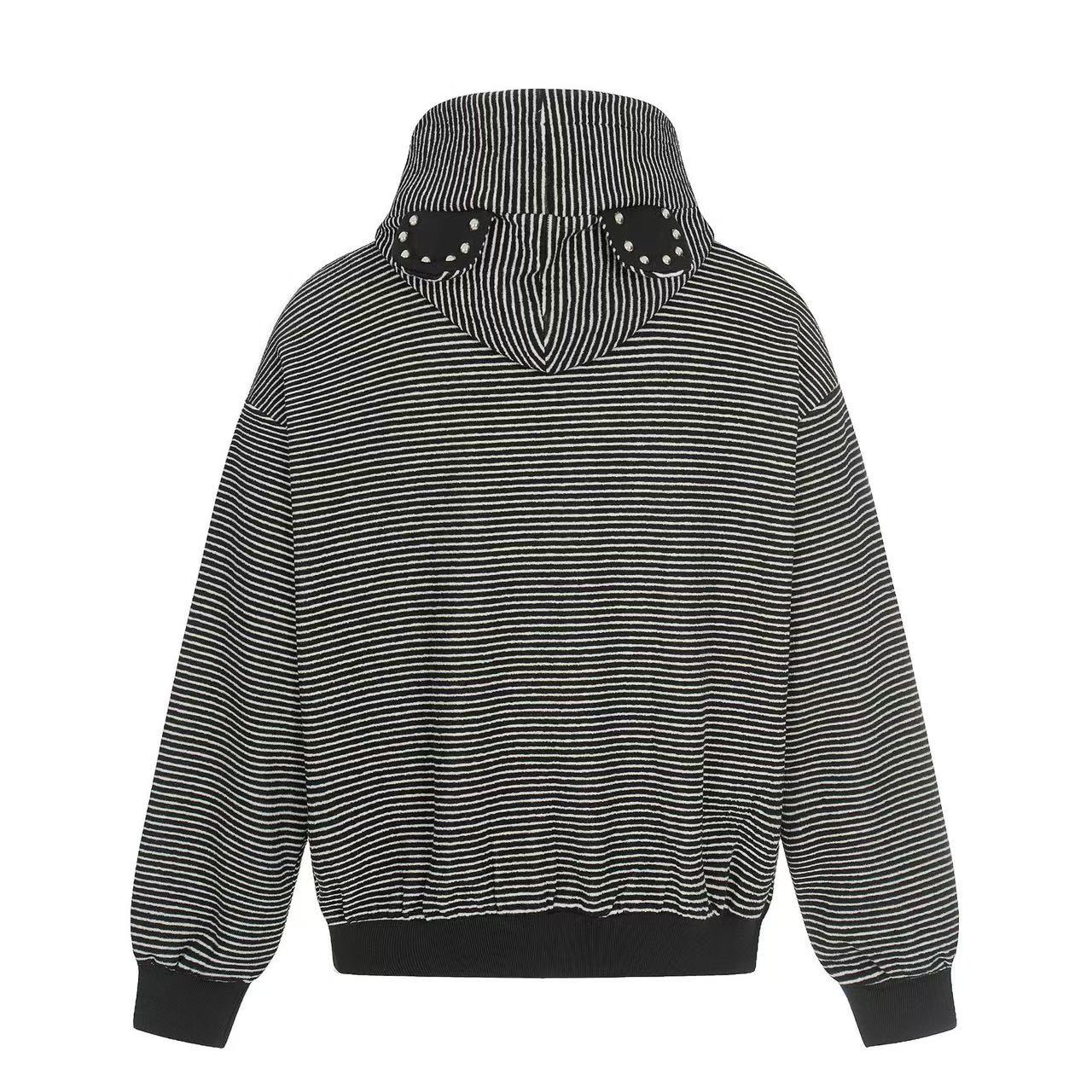 Studded Bear Ear Striped Zip-Up Hoodie