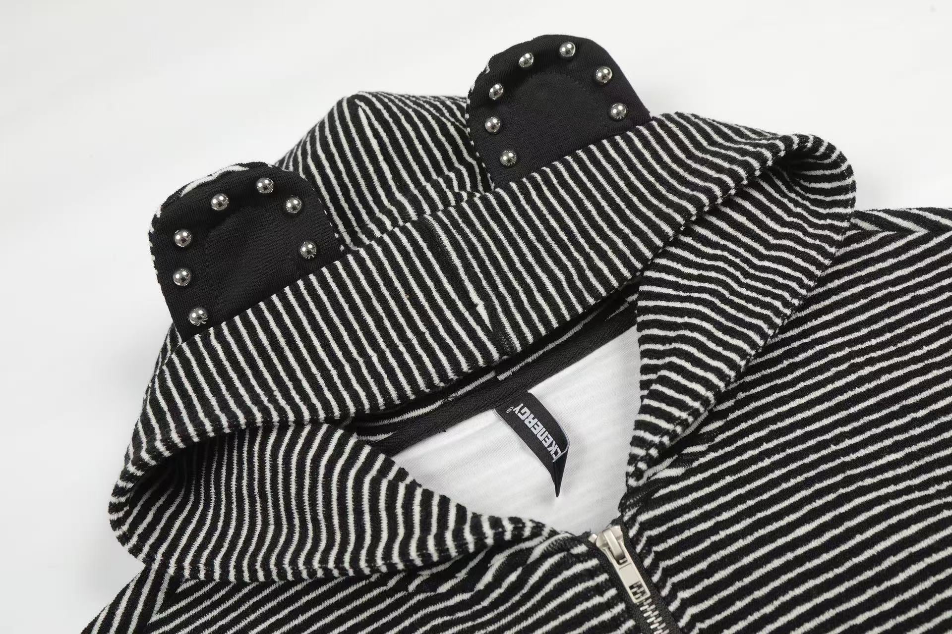 Studded Bear Ear Striped Zip-Up Hoodie