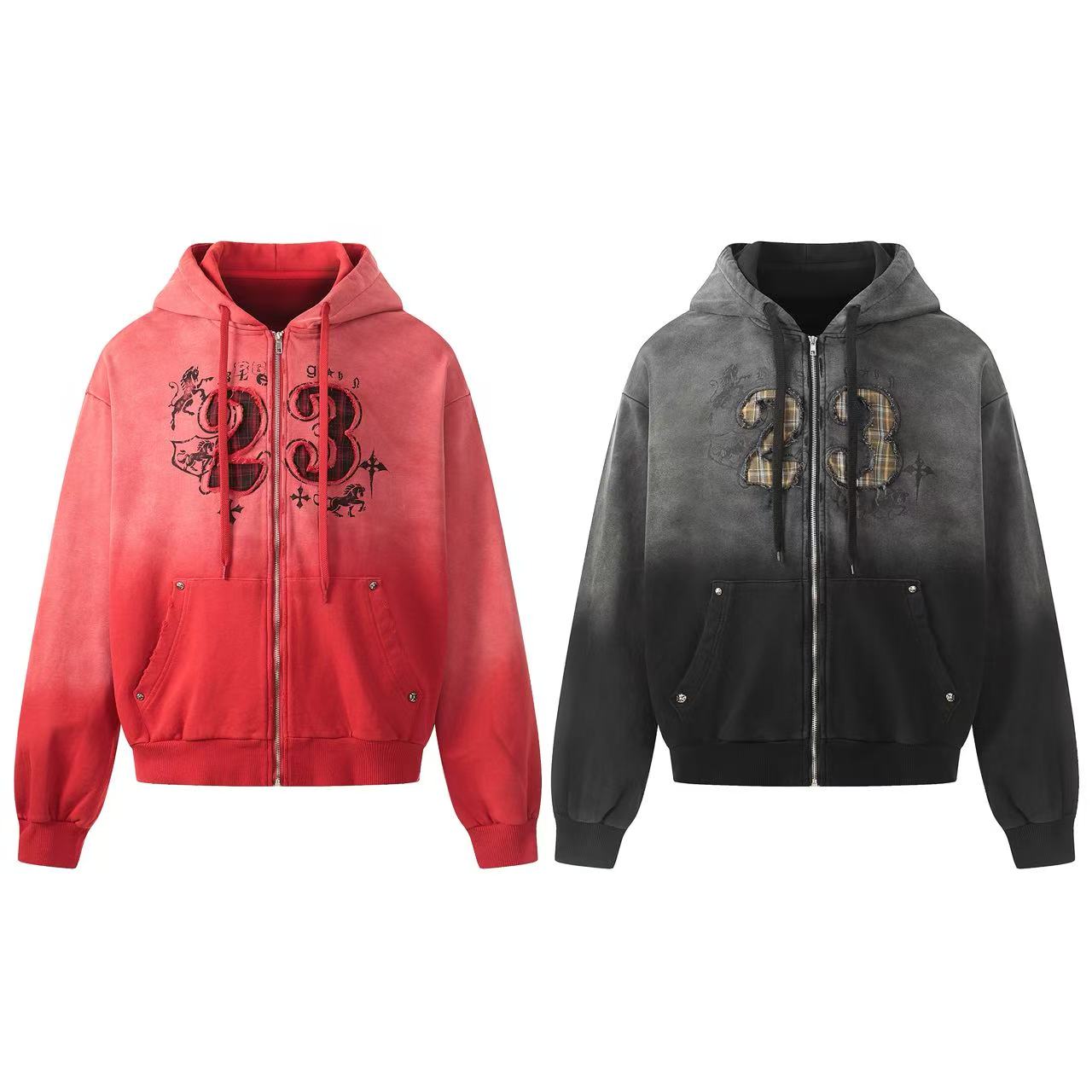 Wash Gradient 23 Plaid Patch Zip-Up Hoodie