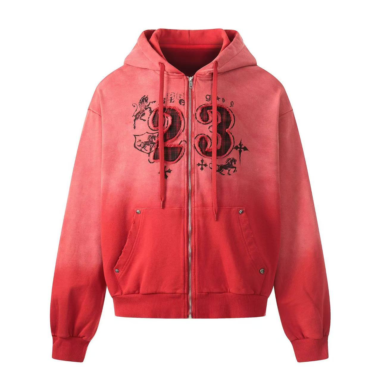 Wash Gradient 23 Plaid Patch Zip-Up Hoodie