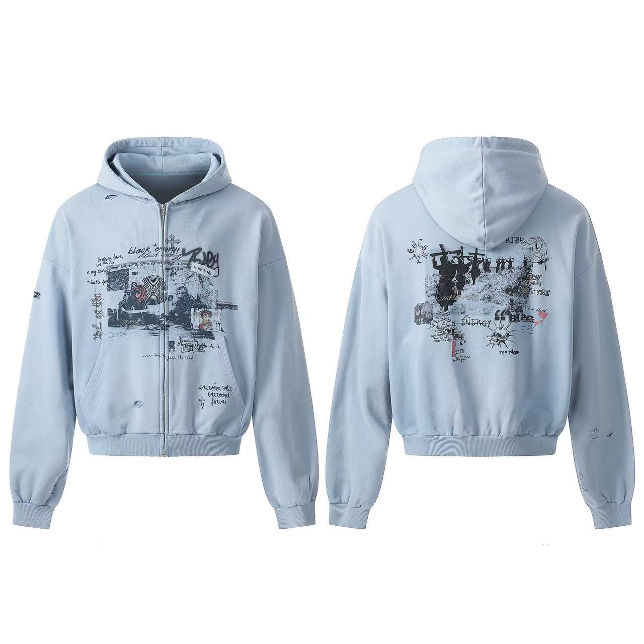 Vintage Wash Graffiti Print Zip-Up Hoodie